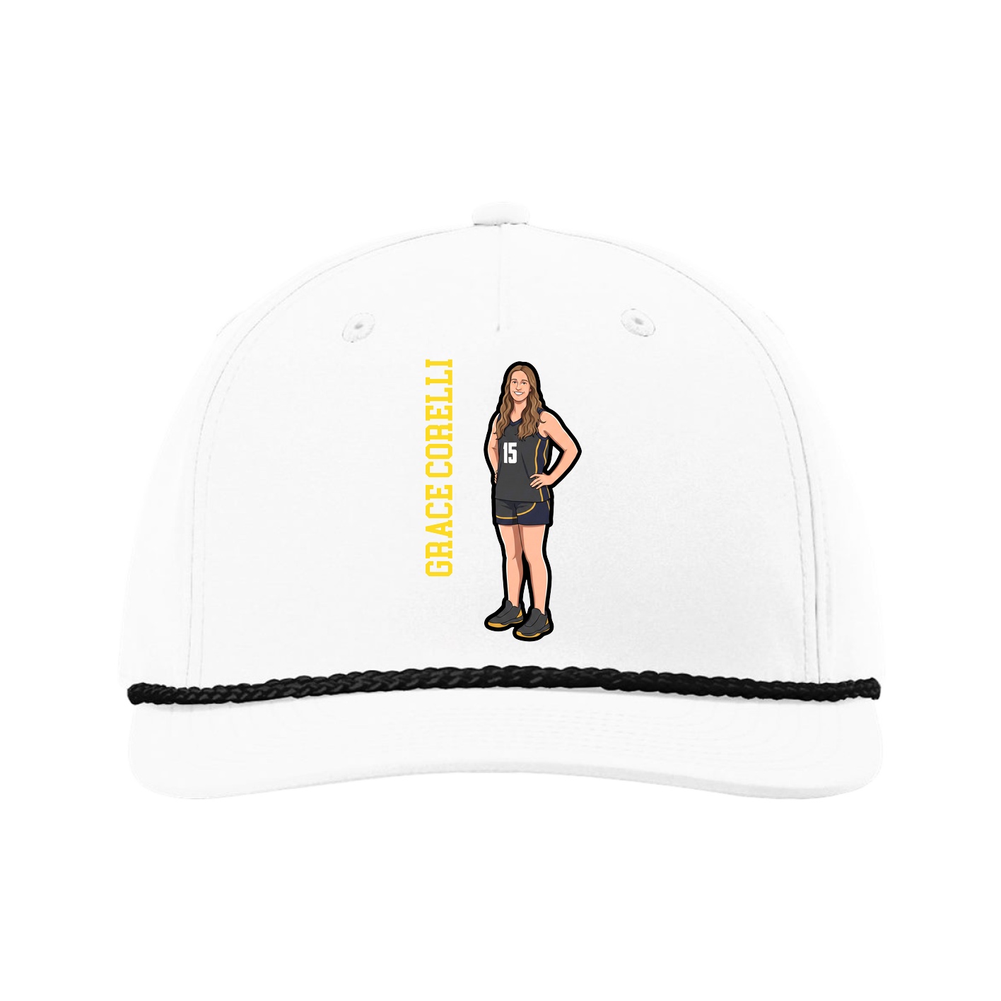 Five-Panel Classic Rope Cap — Name Vertical in White