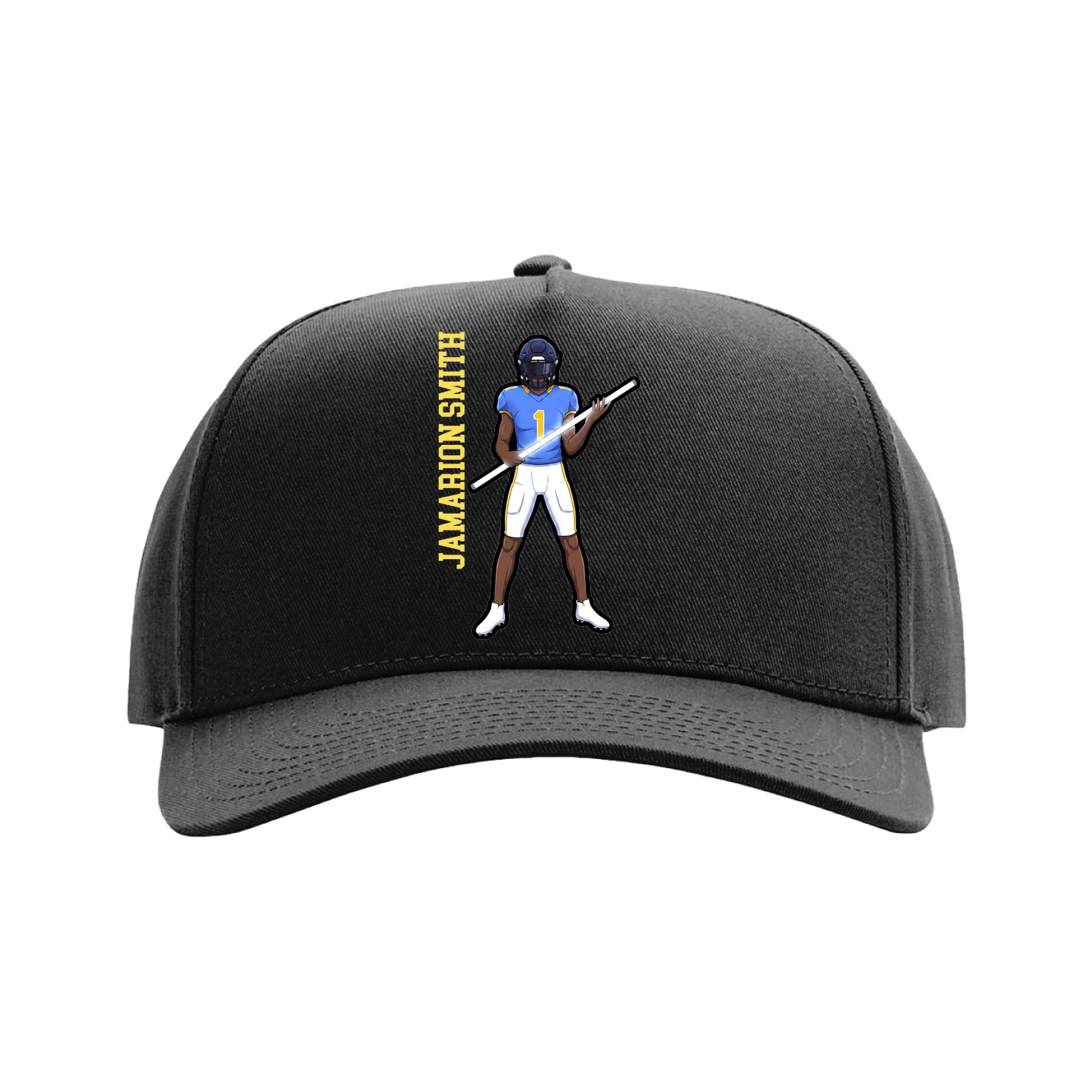Full Fabric Five-Panel Champ Cap — Name Vertical in Black