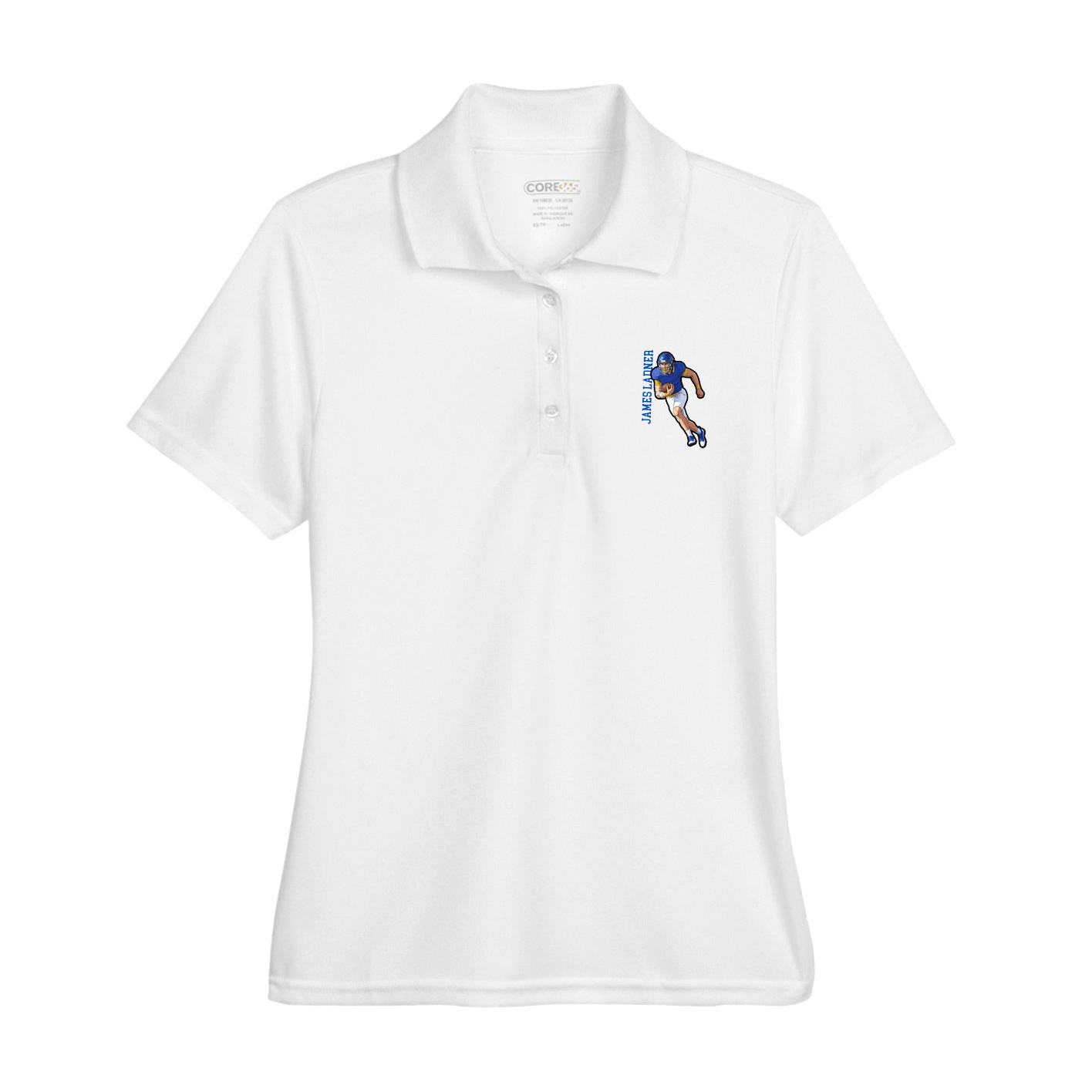Womens Performance Polo — Name Vertical in White
