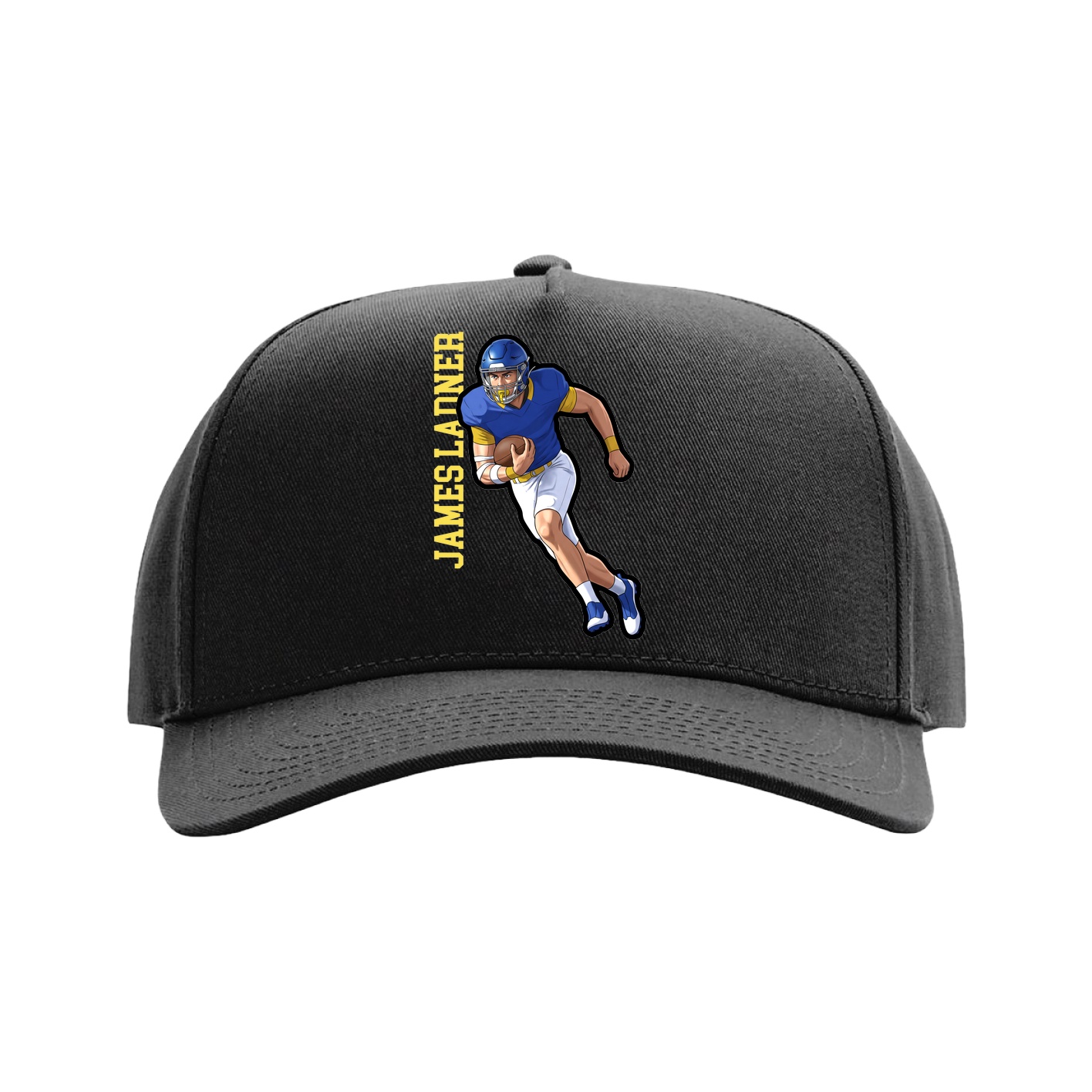 Full Fabric Five-Panel Champ Cap — Name Vertical in Black