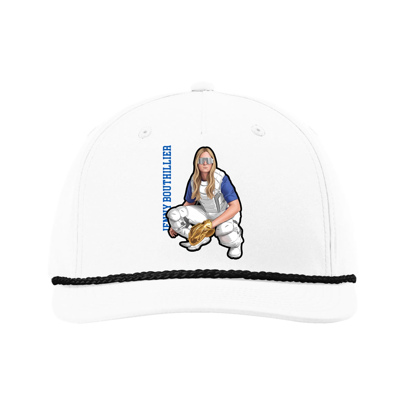 Five-Panel Classic Rope Cap — Name Vertical in White