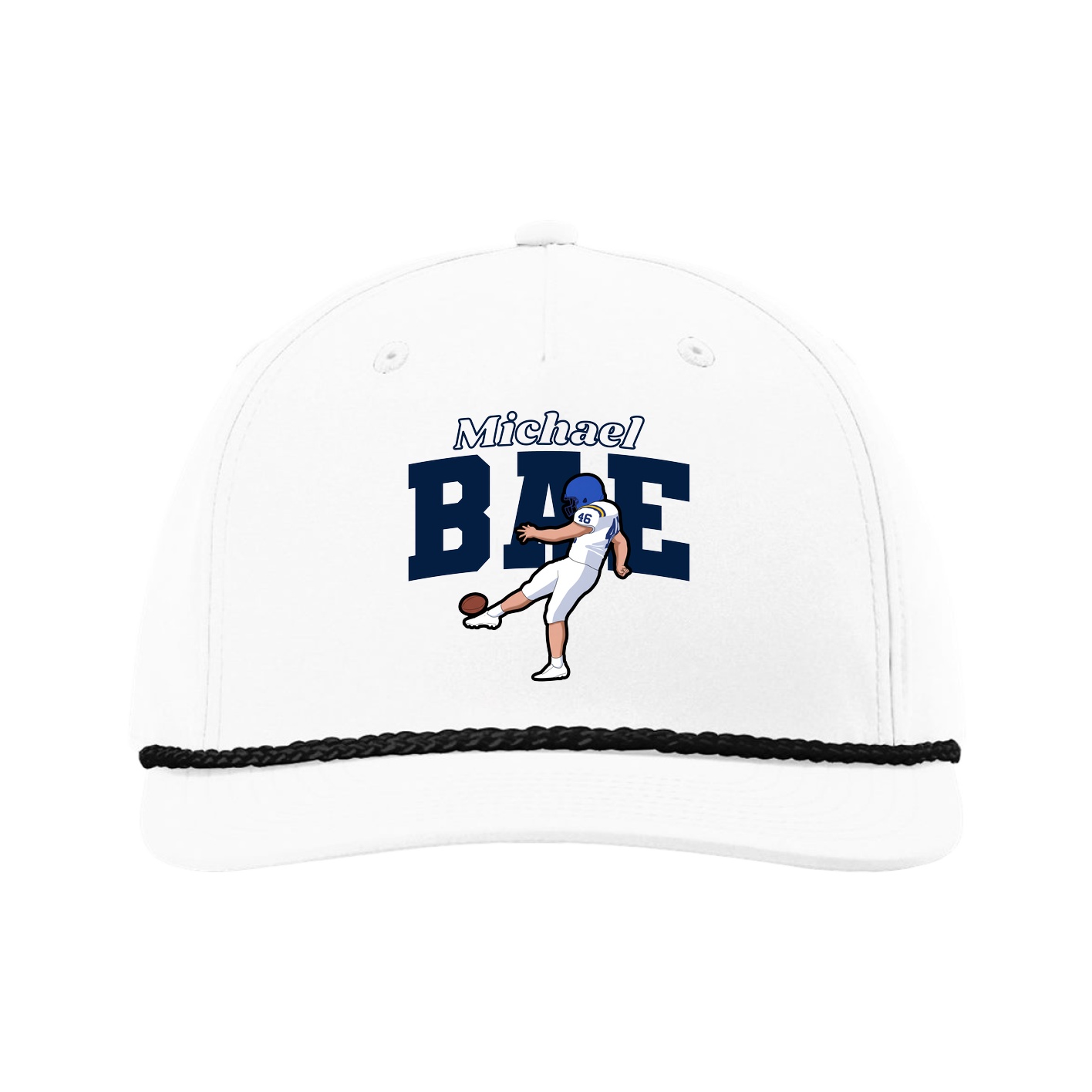 Five-Panel Classic Rope Cap — Name Arch in White