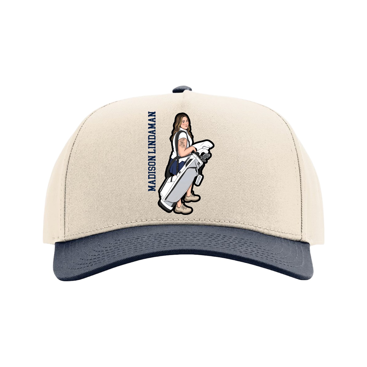 Full Fabric Five-Panel Champ Cap — Name Vertical in Cream/Navy