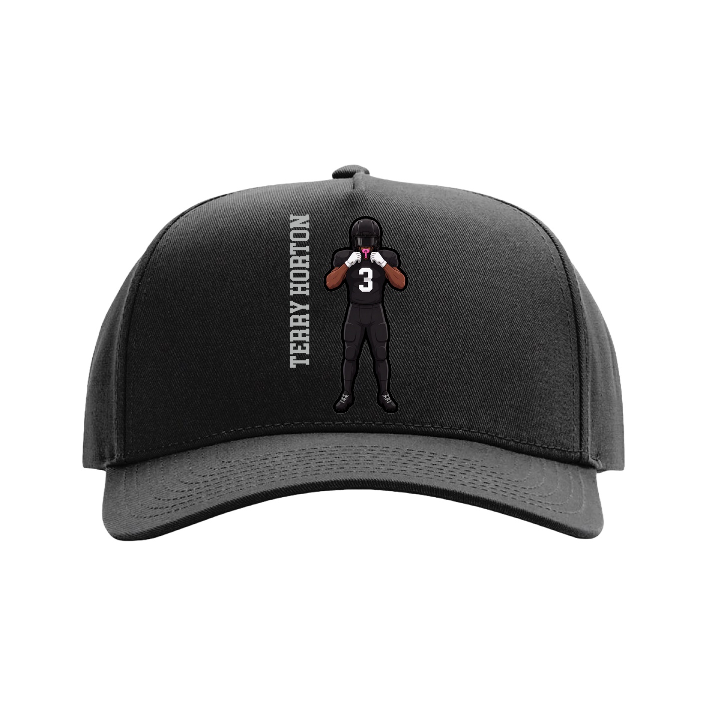Full Fabric Five-Panel Champ Cap — Name Vertical in Black