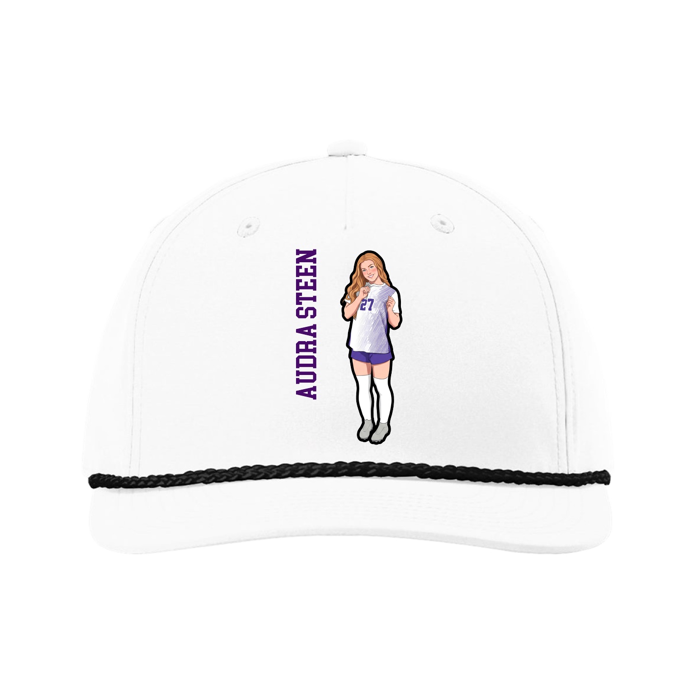 Five-Panel Classic Rope Cap — Name Vertical in White