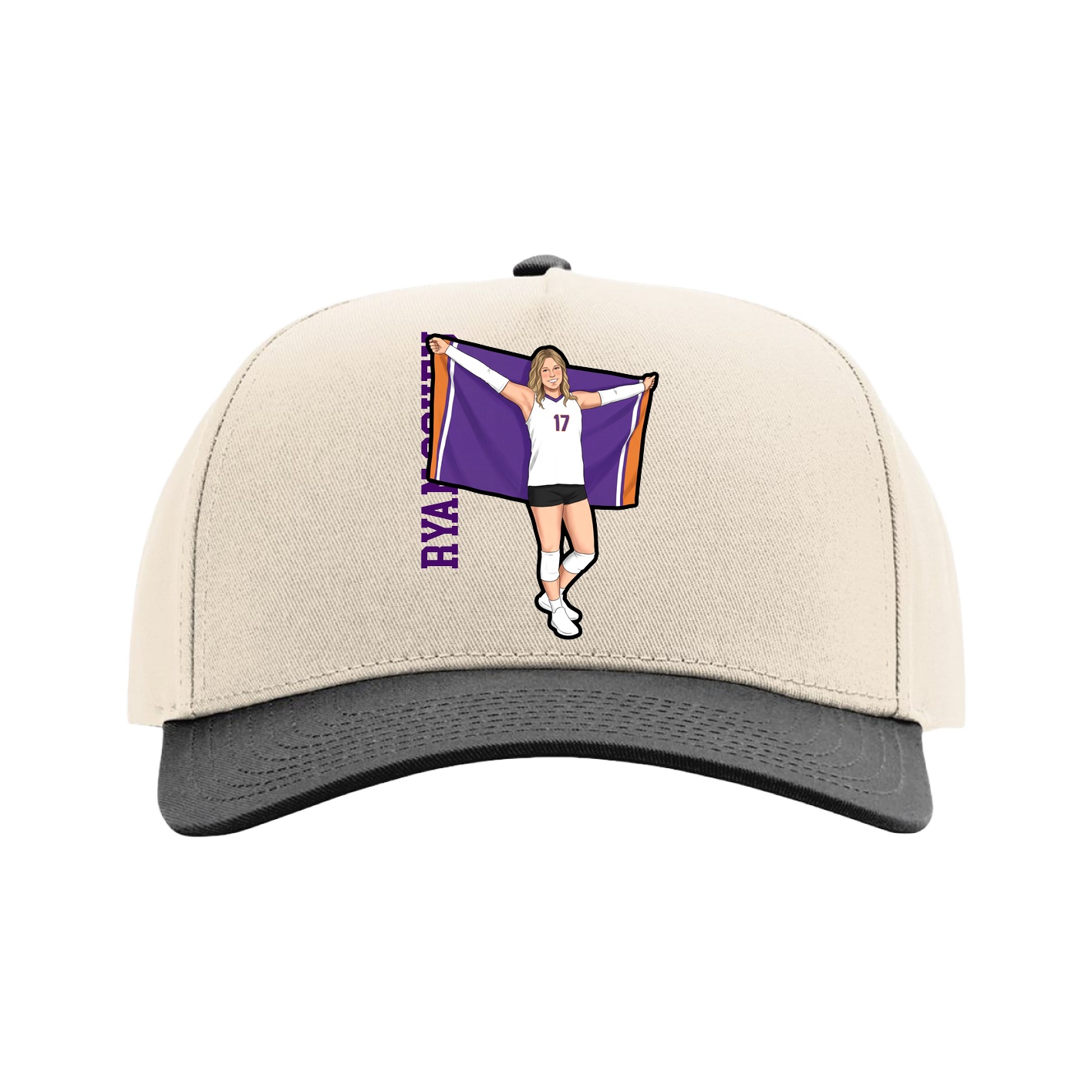 Full Fabric Five-Panel Champ Cap — Name Vertical in Cream/Black