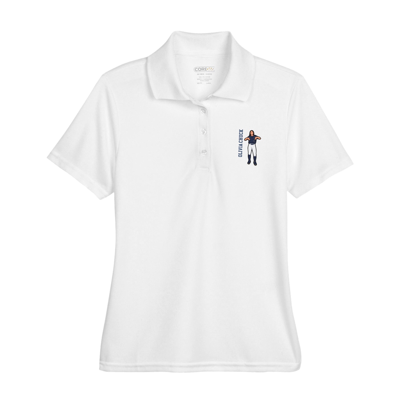 Womens Performance Polo — Name Vertical in White