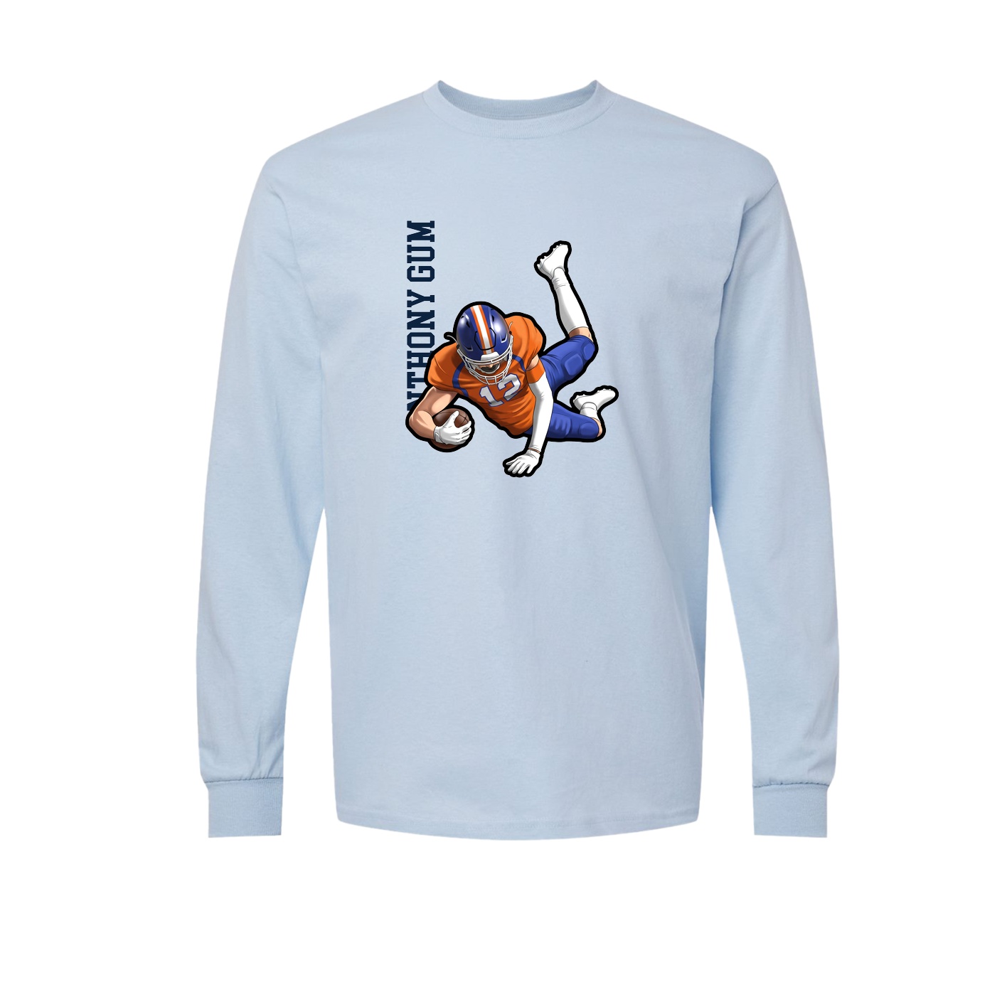 Long Sleeve Tee — Name Vertical in Light Blue