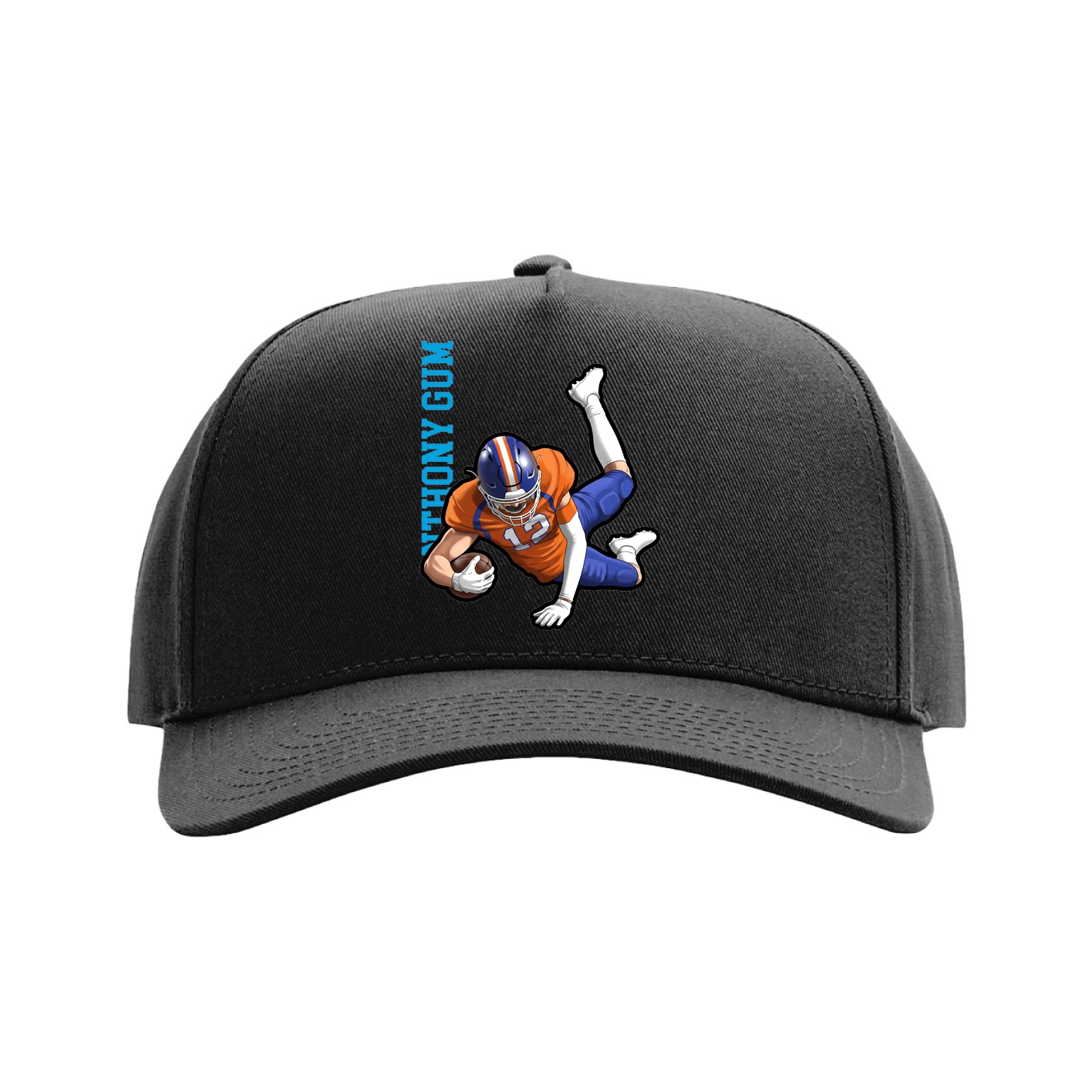 Full Fabric Five-Panel Champ Cap — Name Vertical in Black