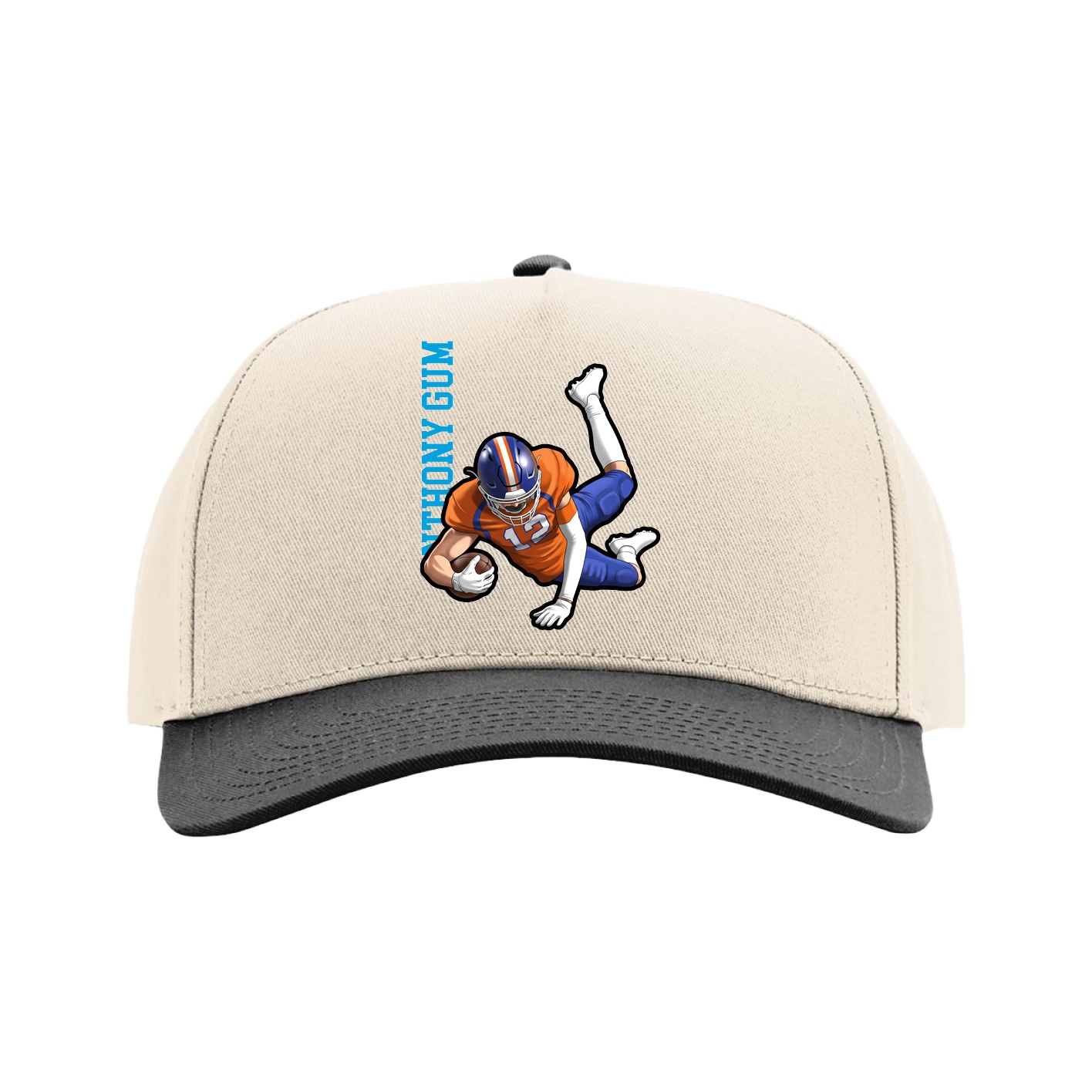 Full Fabric Five-Panel Champ Cap — Name Vertical in Cream/Black