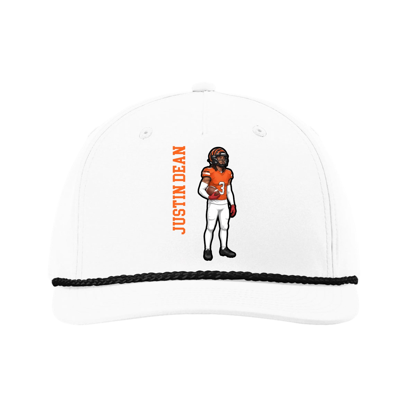 Five-Panel Classic Rope Cap — Name Vertical in White