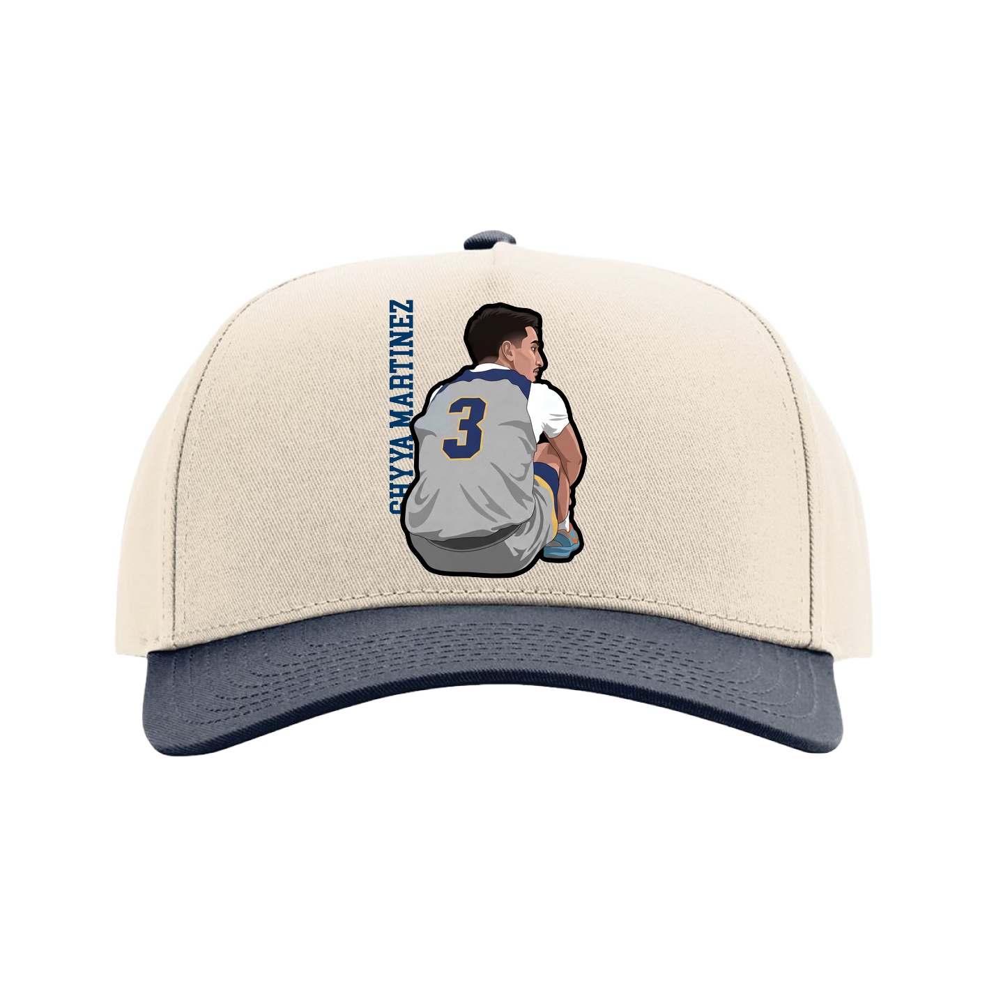Full Fabric Five-Panel Champ Cap — Name Vertical in Cream/Navy