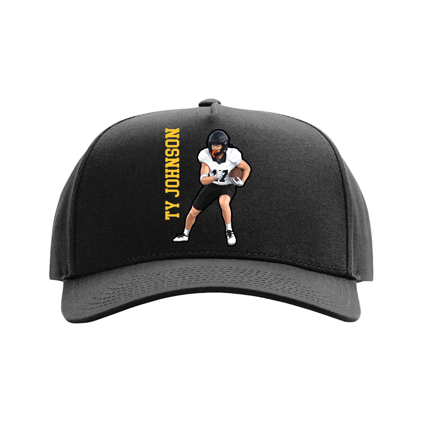 Full Fabric Five-Panel Champ Cap — Name Vertical in Black