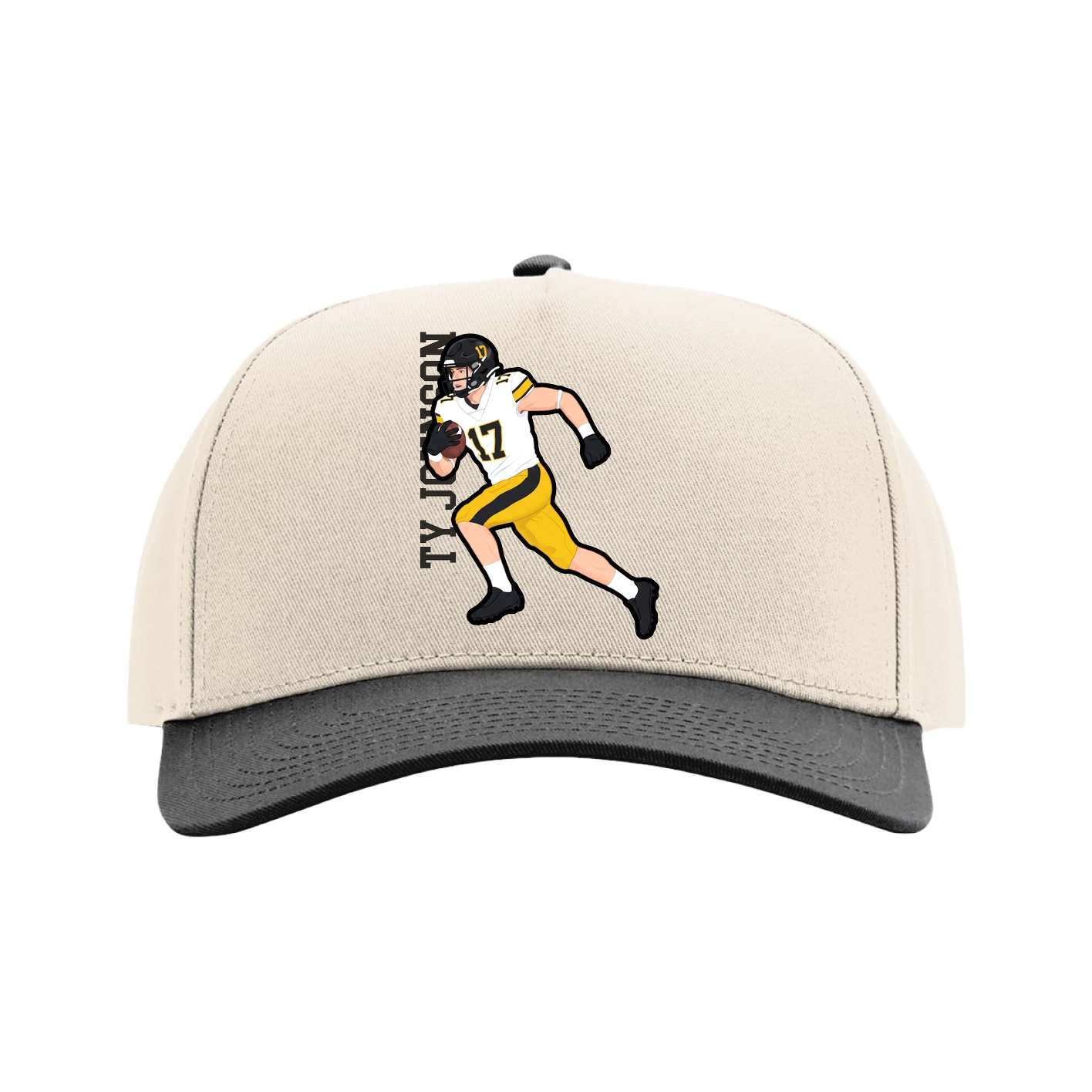 Full Fabric Five-Panel Champ Cap — Name Vertical in Cream/Black