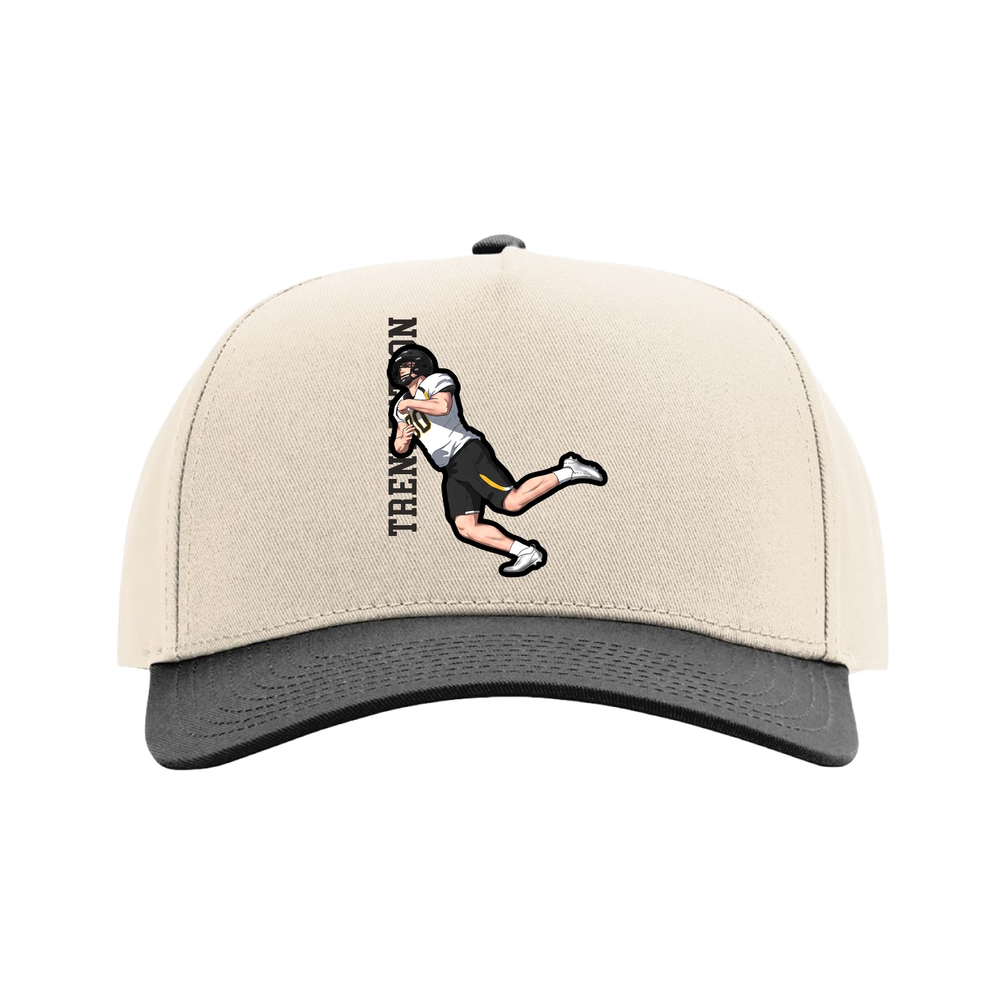 Full Fabric Five-Panel Champ Cap — Name Vertical in Cream/Black