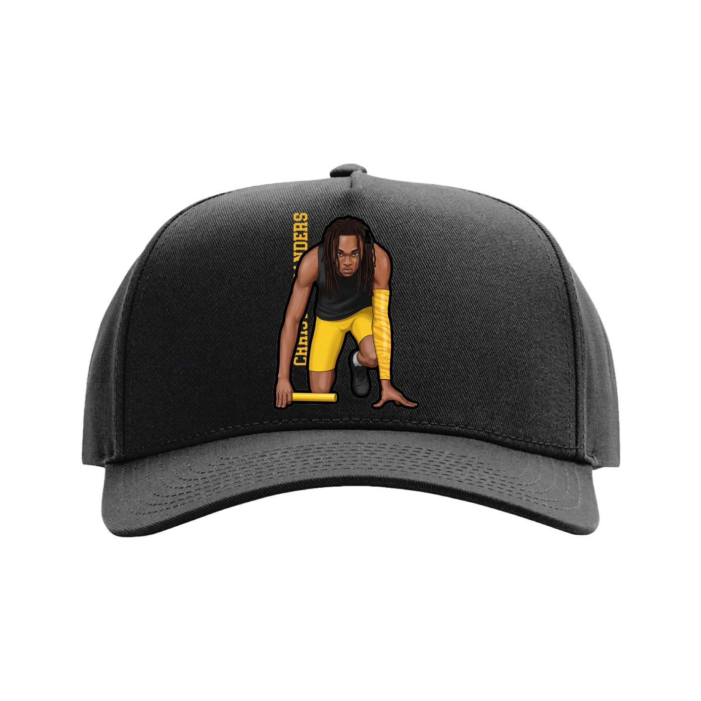 Full Fabric Five-Panel Champ Cap — Name Vertical in Black