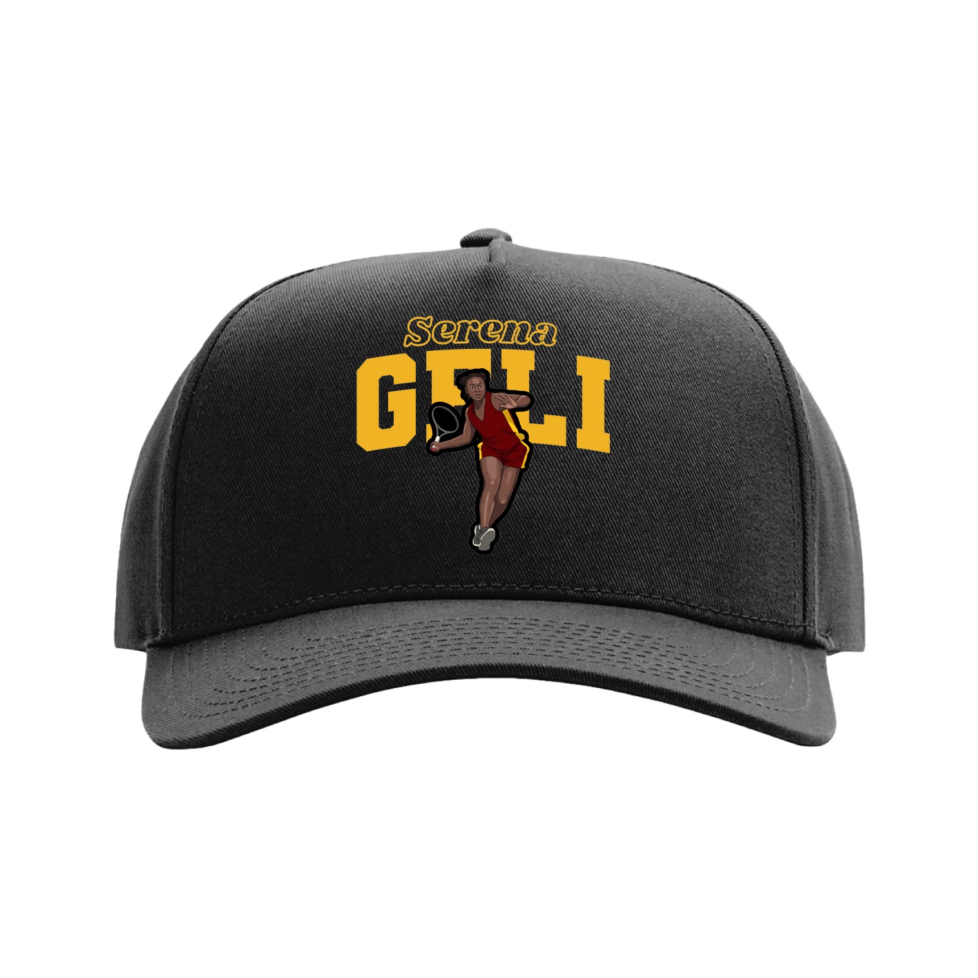 Full Fabric Five-Panel Champ Cap — Name Arch in Black
