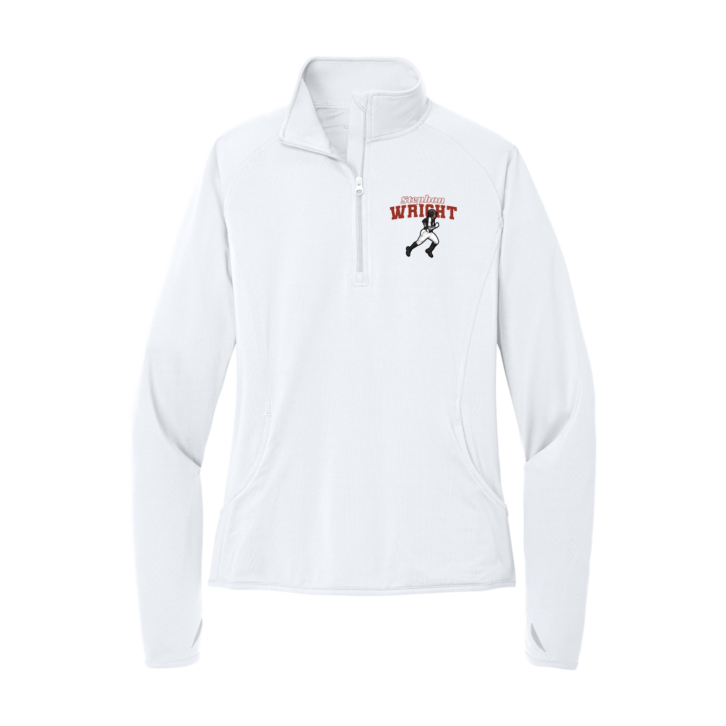 Women's Q-Zip Pullover — Name Arch in White
