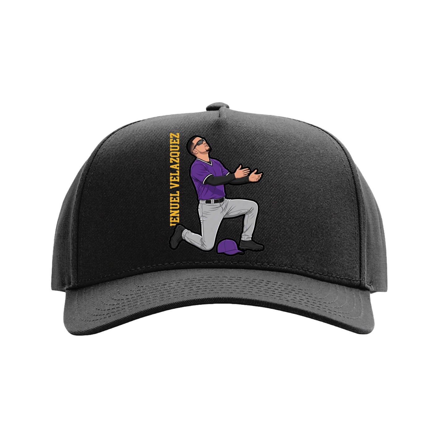 Full Fabric Five-Panel Champ Cap — Name Vertical in Black