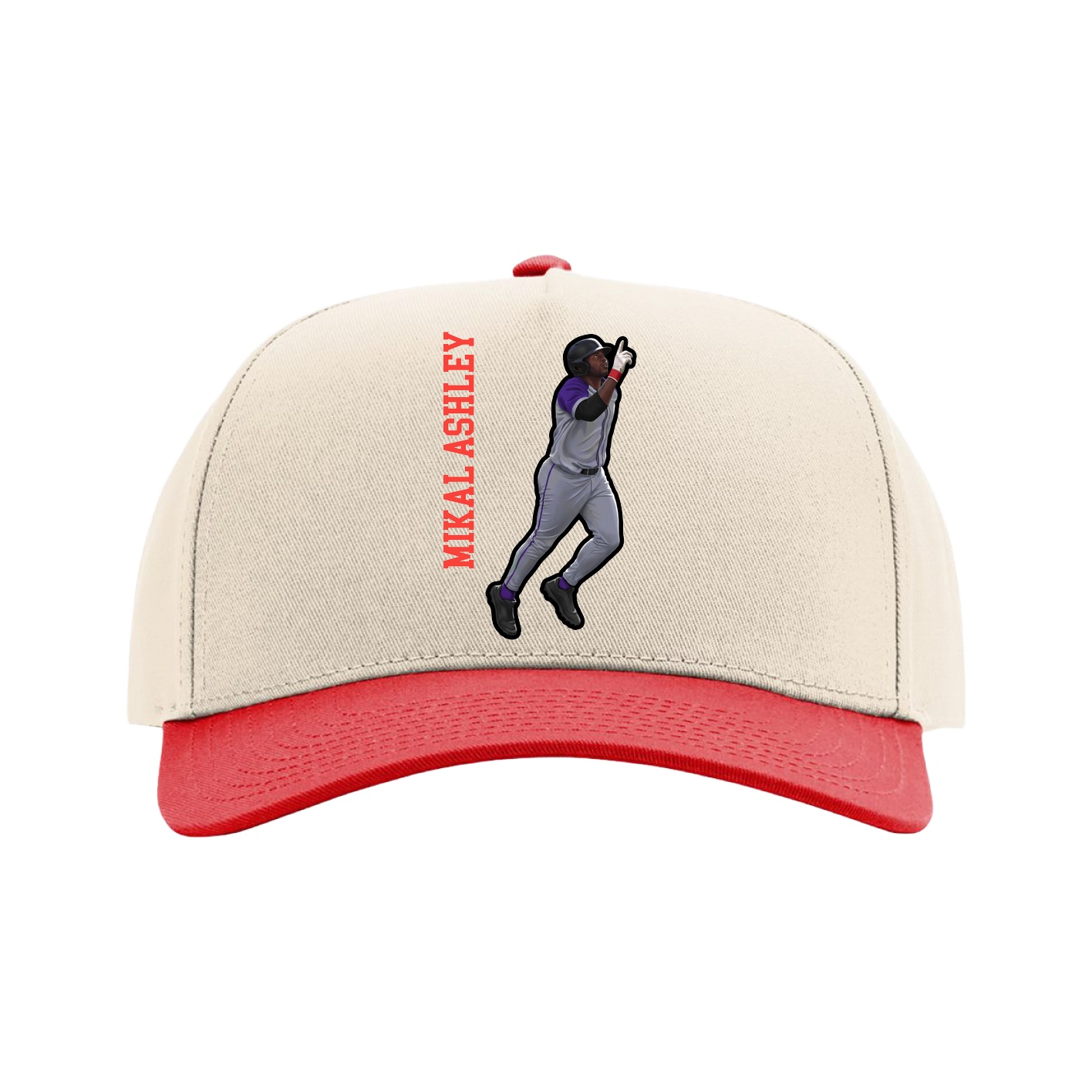 Full Fabric Five-Panel Champ Cap — Name Vertical in Cream/Red