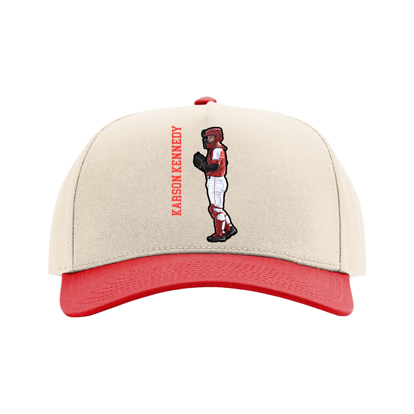 Full Fabric Five-Panel Champ Cap — Name Vertical in Cream/Red