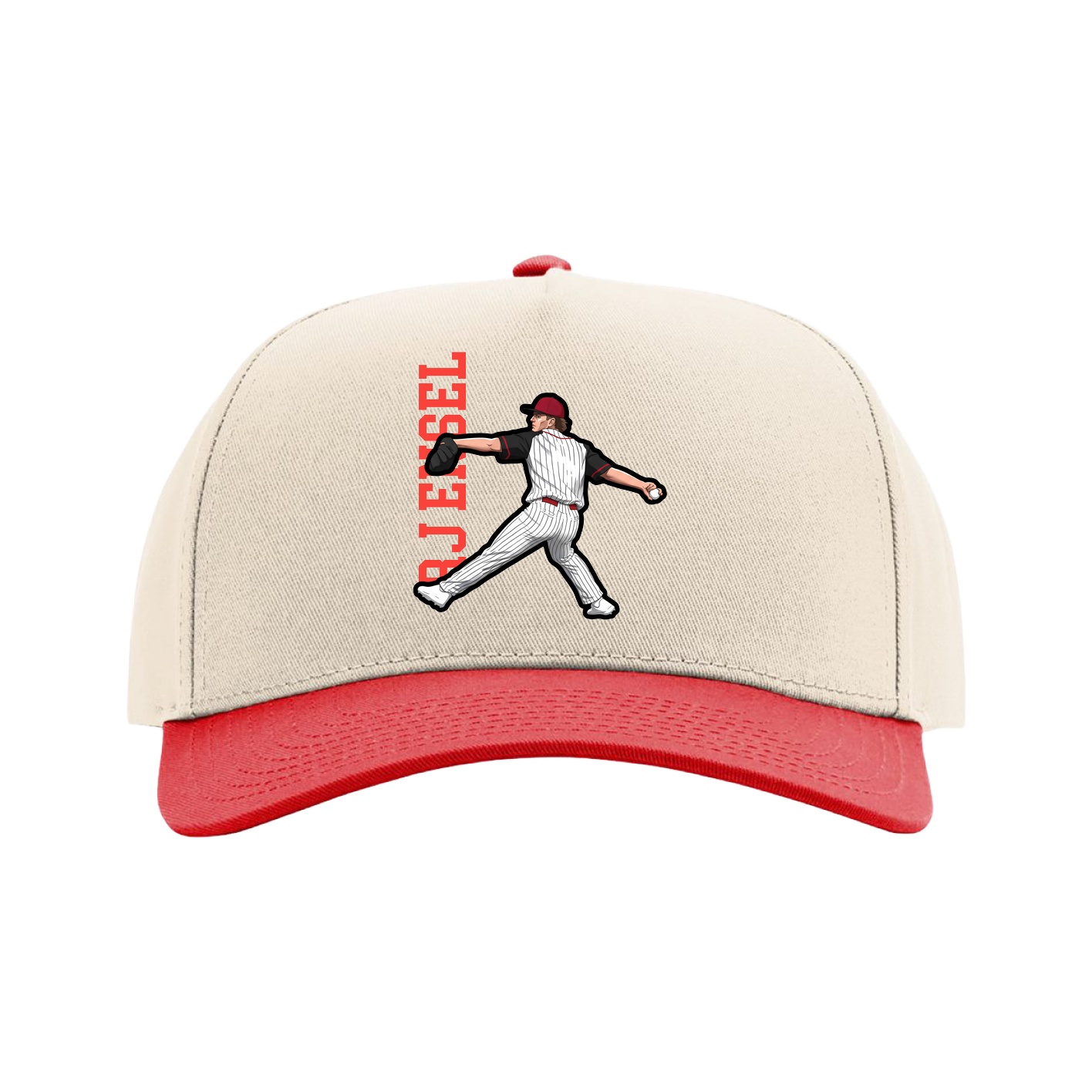Full Fabric Five-Panel Champ Cap — Name Vertical in Cream/Red