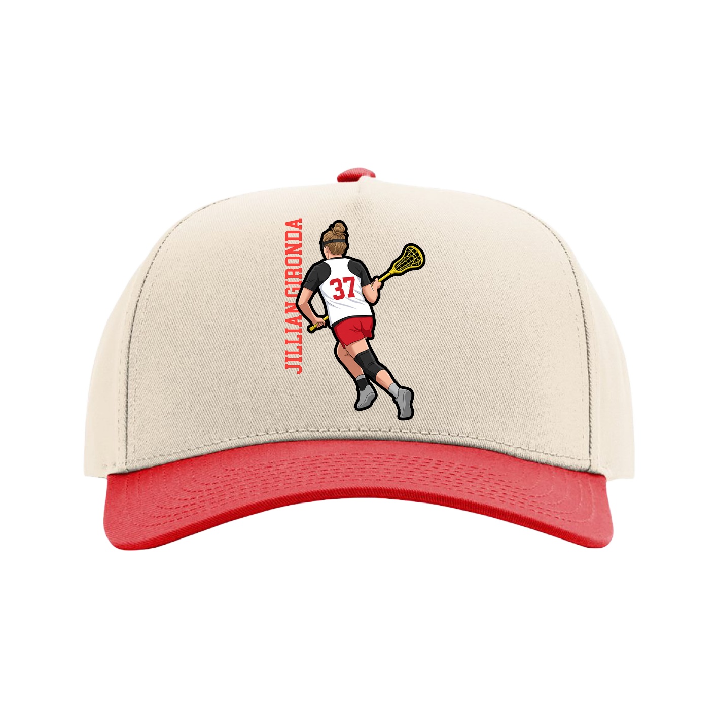 Full Fabric Five-Panel Champ Cap — Name Vertical in Cream/Red