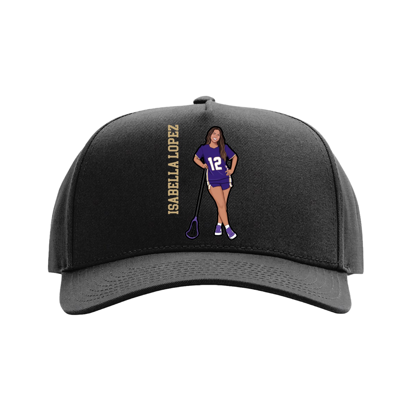 Full Fabric Five-Panel Champ Cap — Name Vertical in Black