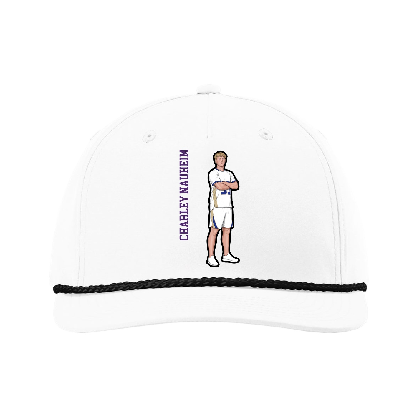 Five-Panel Classic Rope Cap — Name Vertical in White