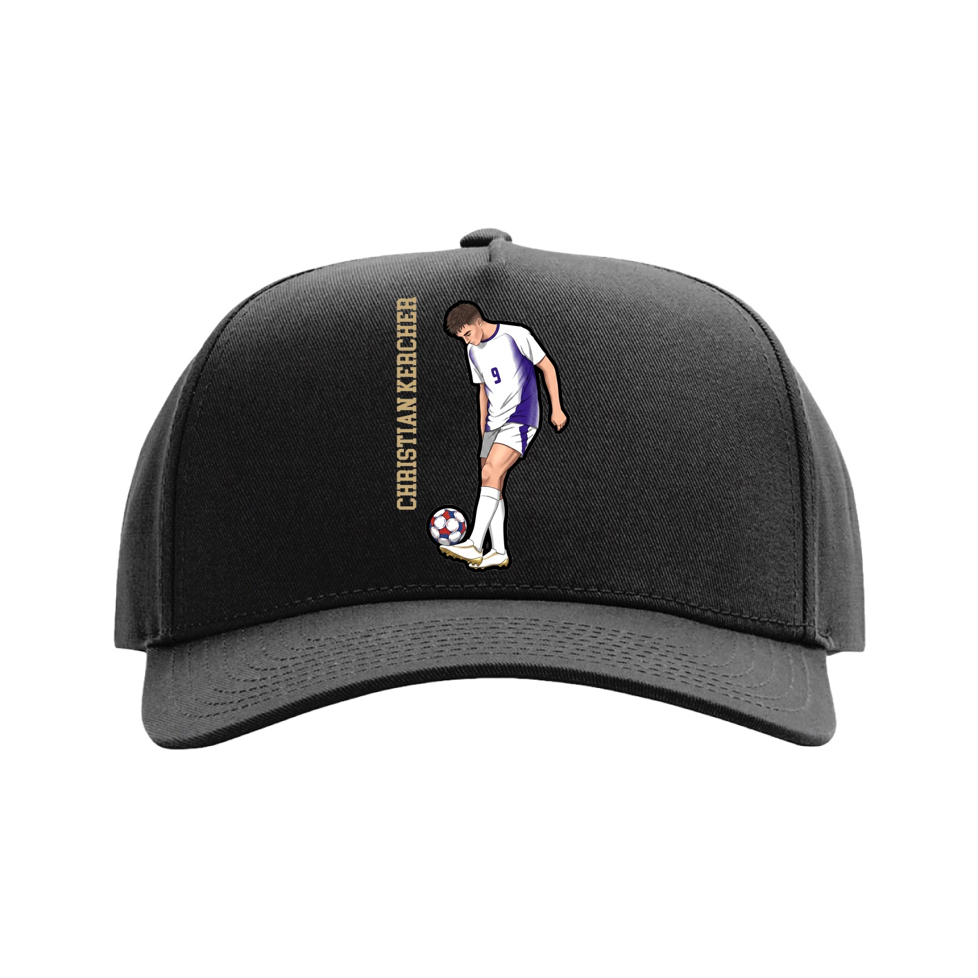Full Fabric Five-Panel Champ Cap — Name Vertical in Black