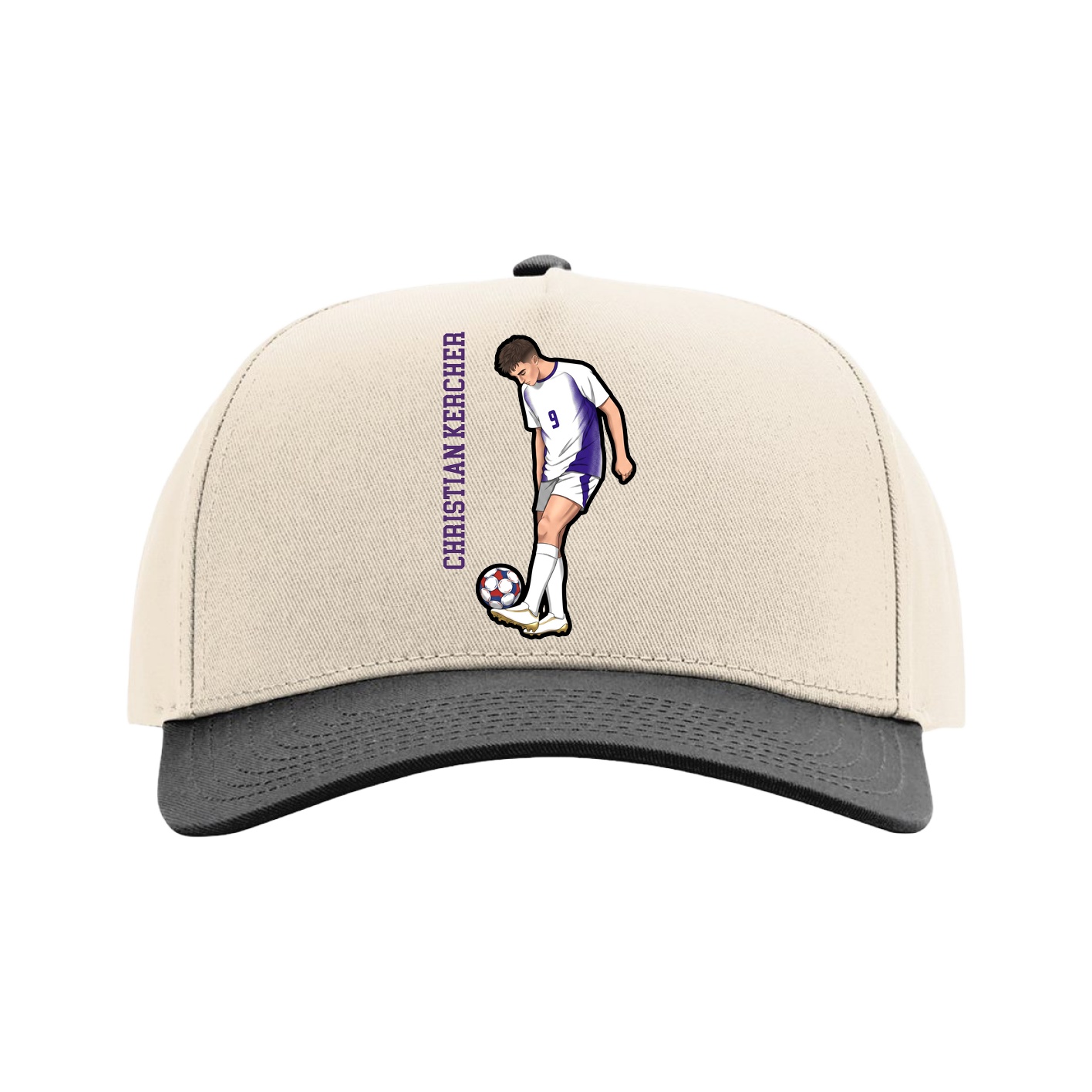 Full Fabric Five-Panel Champ Cap — Name Vertical in Cream/Black