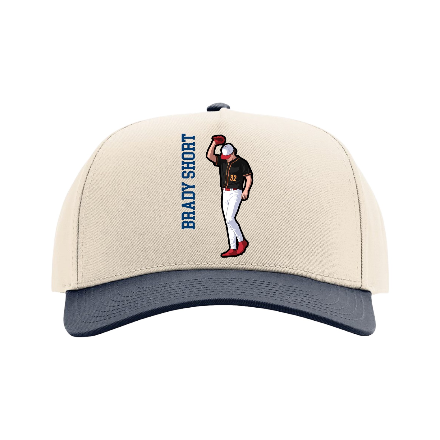 Full Fabric Five-Panel Champ Cap — Name Vertical in Cream/Navy