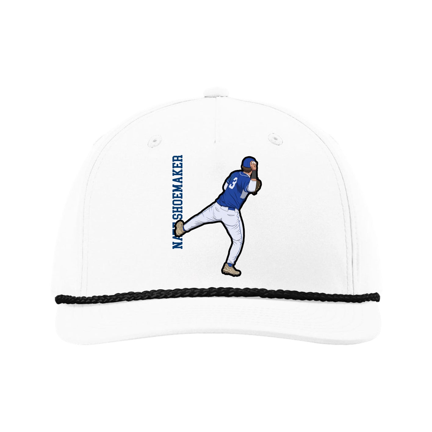 Five-Panel Classic Rope Cap — Name Vertical in White