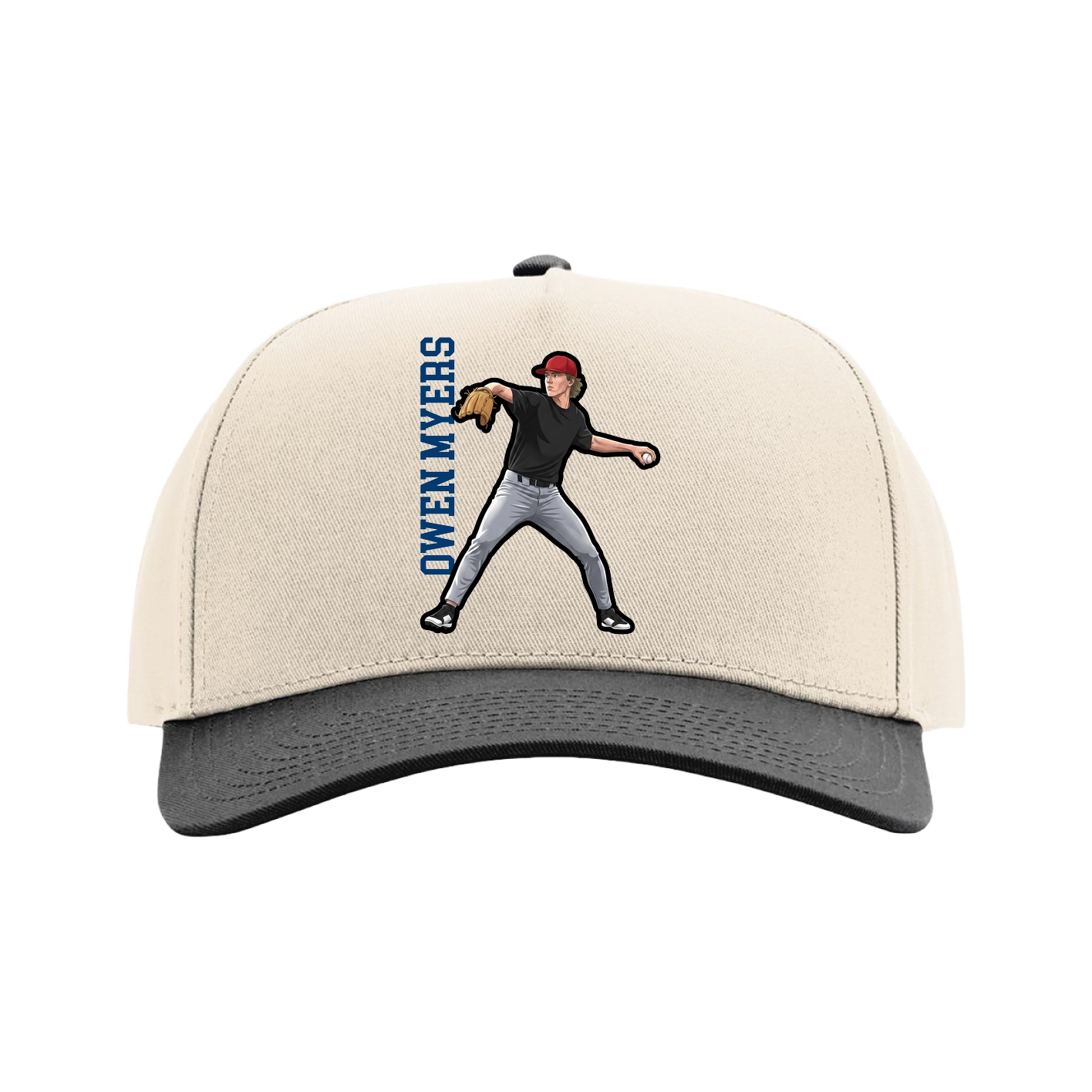 Full Fabric Five-Panel Champ Cap — Name Vertical in Cream/Black