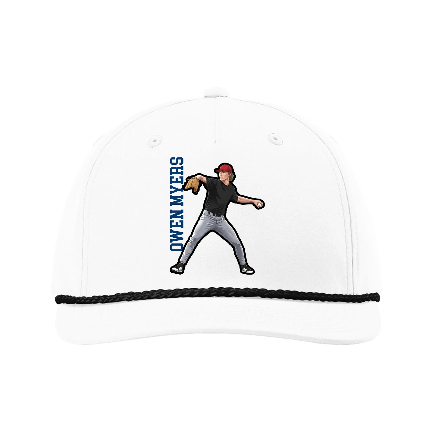 Five-Panel Classic Rope Cap — Name Vertical in White