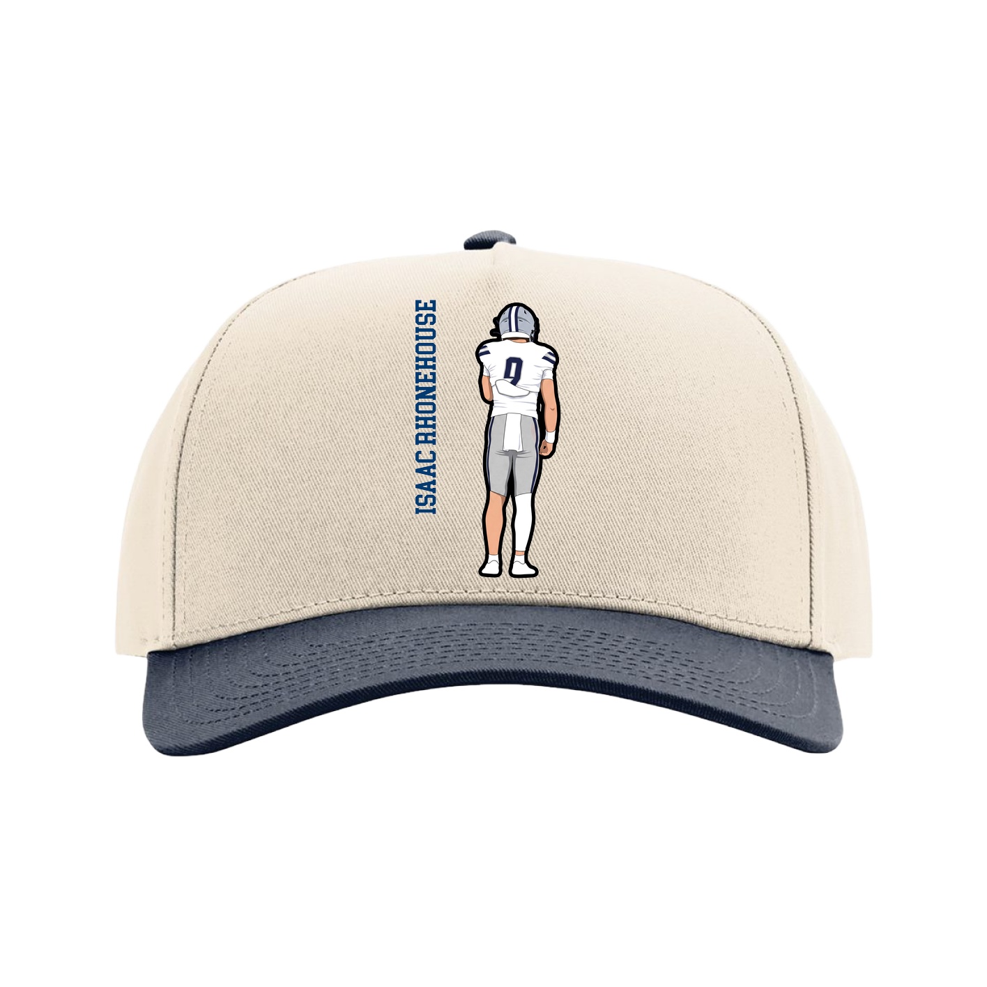 Full Fabric Five-Panel Champ Cap — Name Vertical in Cream/Navy