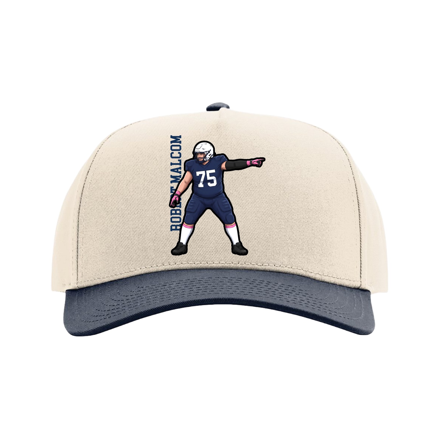 Full Fabric Five-Panel Champ Cap — Name Vertical in Cream/Navy