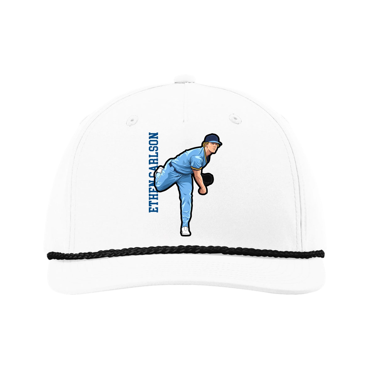 Five-Panel Classic Rope Cap — Name Vertical in White