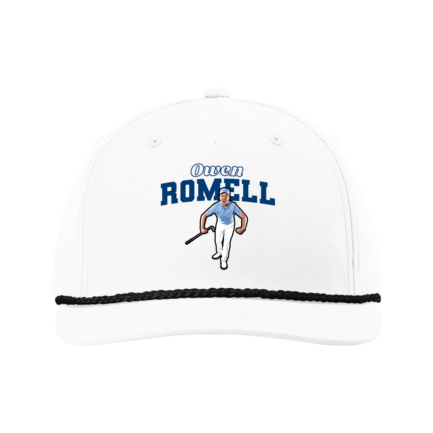 Five-Panel Classic Rope Cap — Name Arch in White