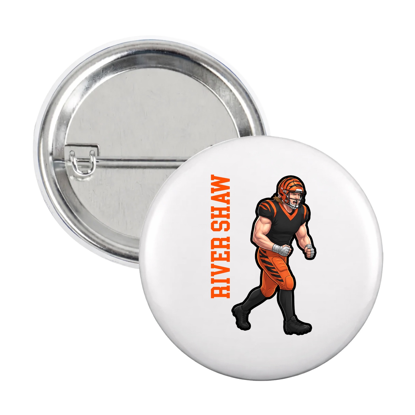 Game Day Button — Name Vertical in White