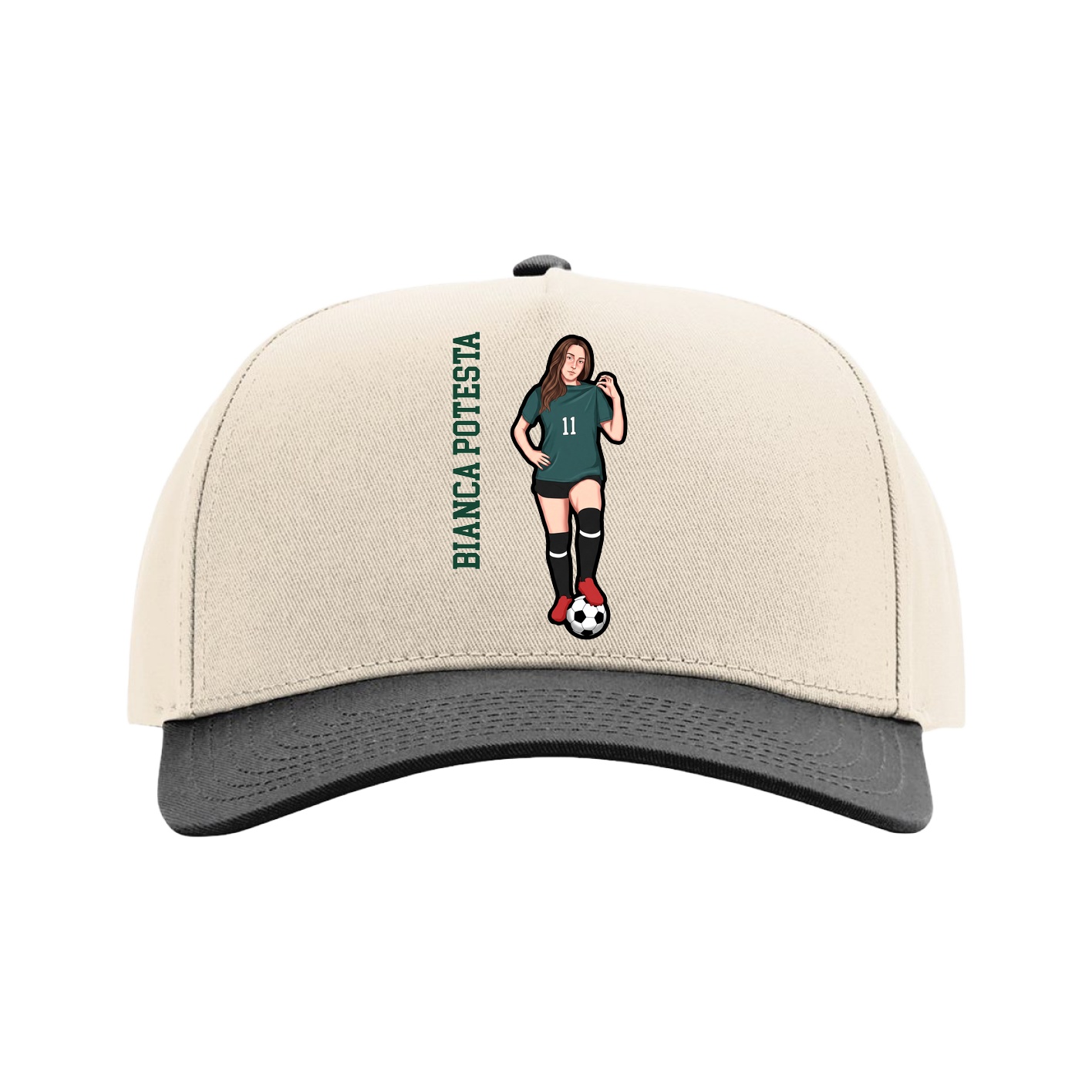Full Fabric Five-Panel Champ Cap — Name Vertical in Cream/Black