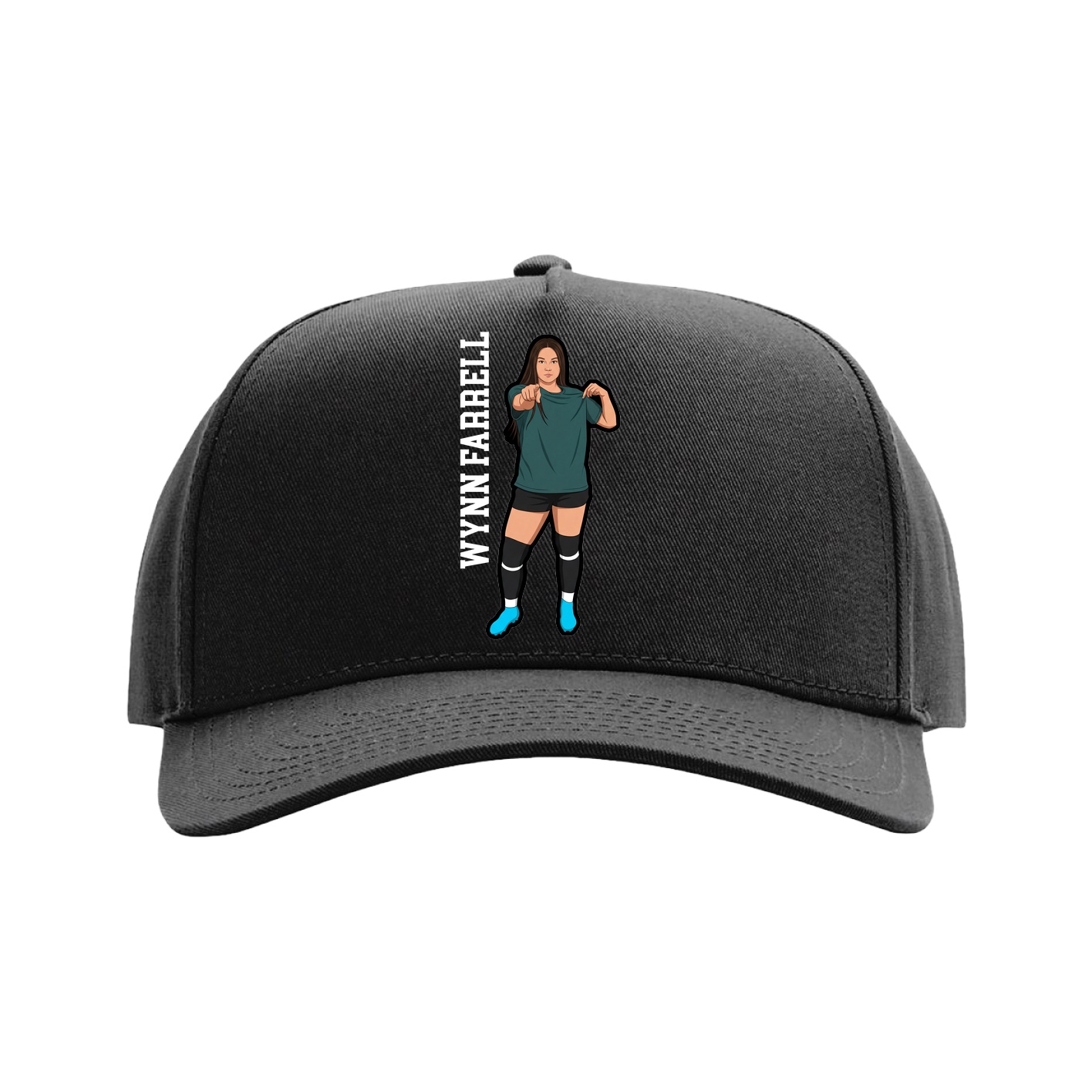 Full Fabric Five-Panel Champ Cap — Name Vertical in Black