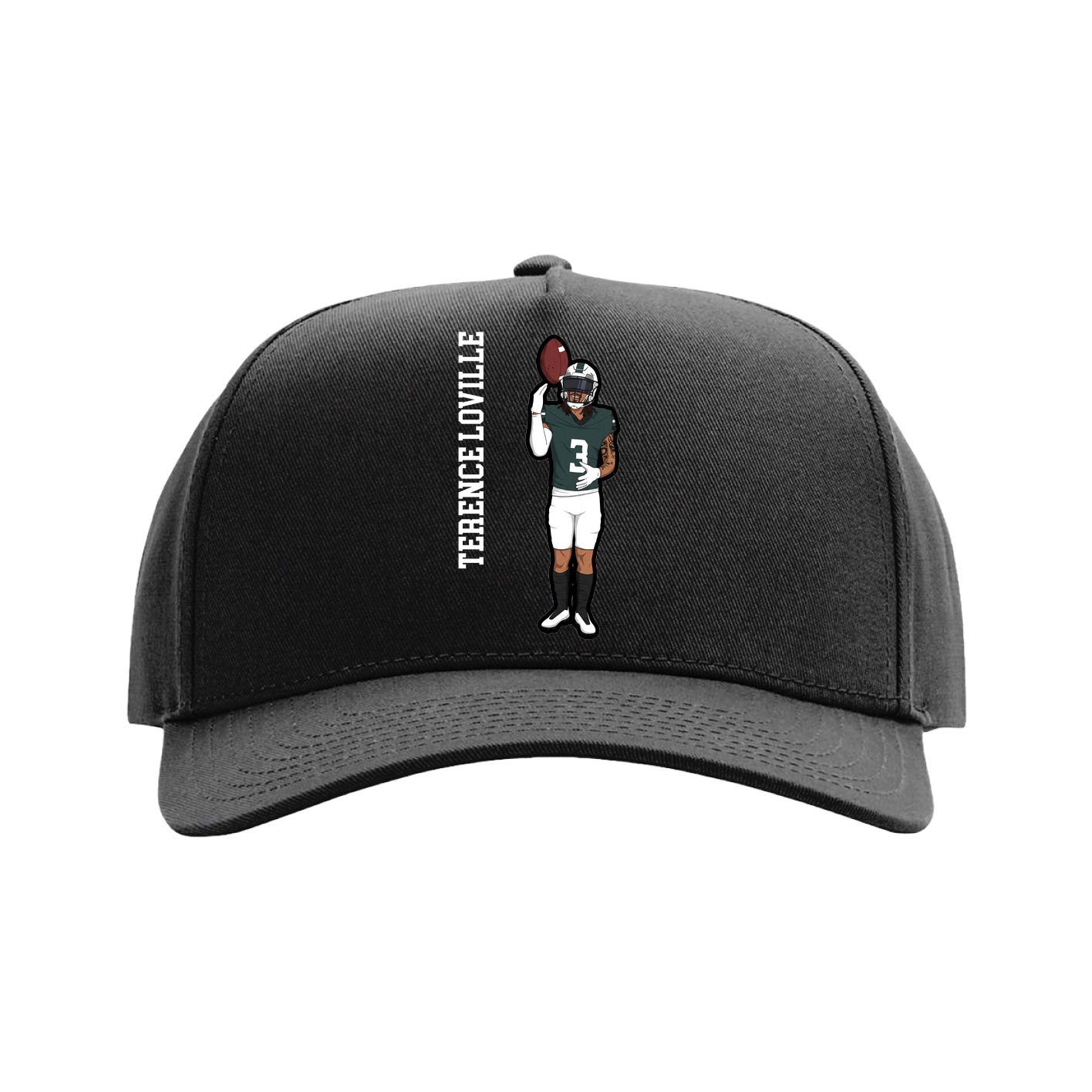 Full Fabric Five-Panel Champ Cap — Name Vertical in Black