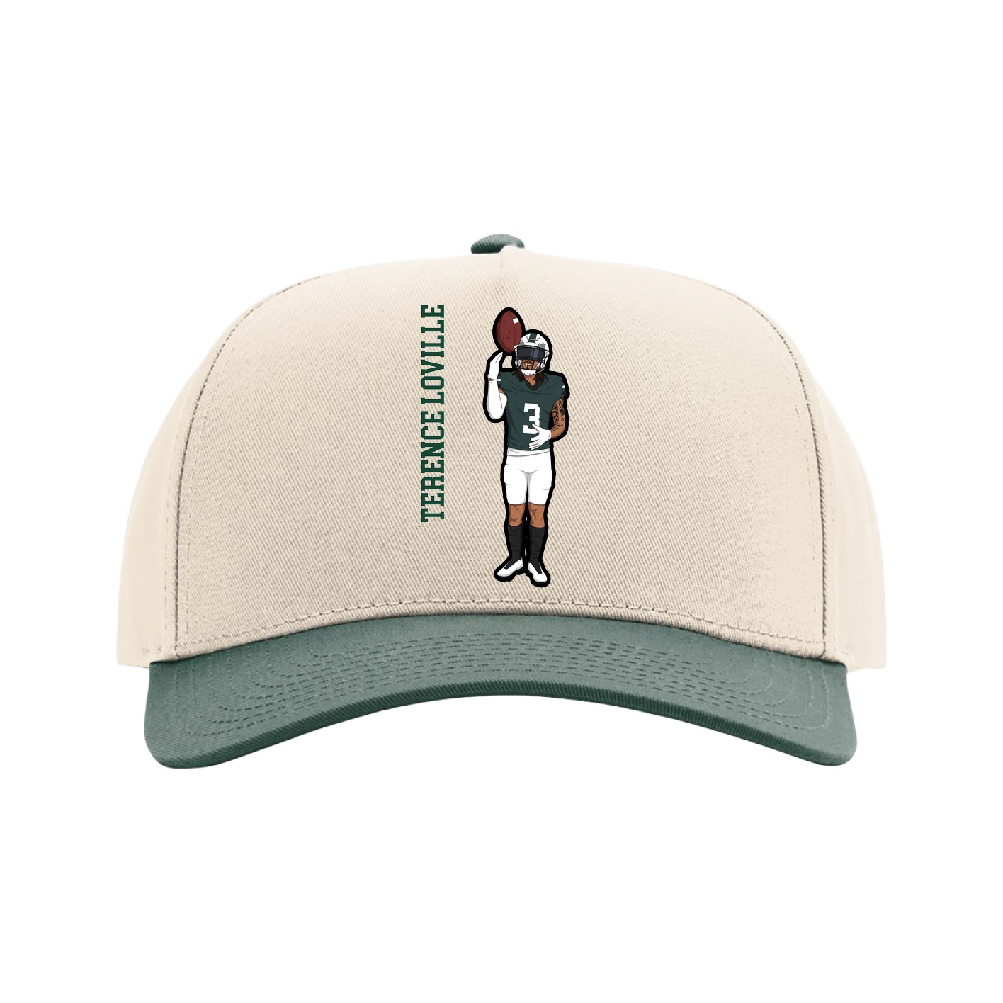 Full Fabric Five-Panel Champ Cap — Name Vertical in Cream/Green