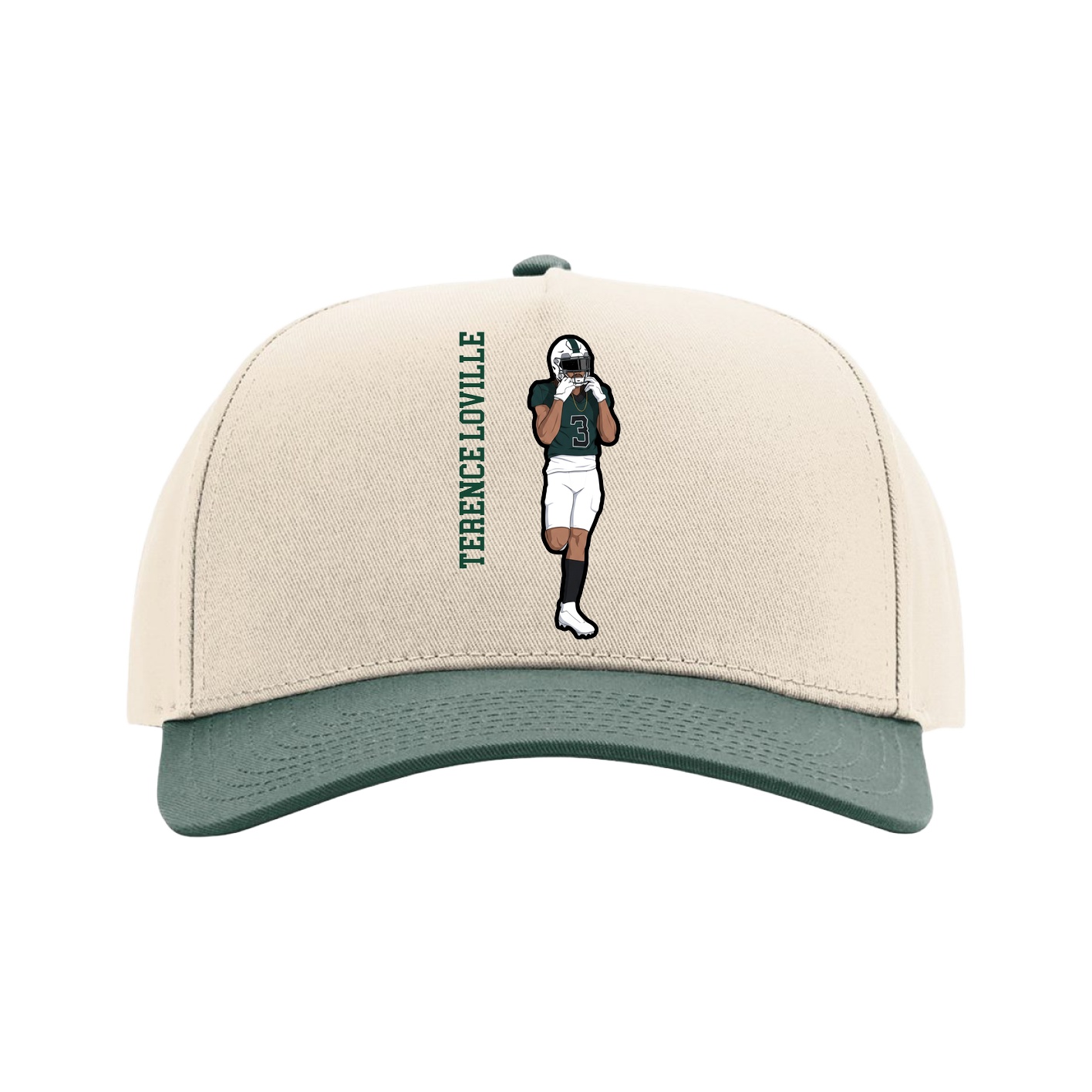 Full Fabric Five-Panel Champ Cap — Name Vertical in Cream/Green