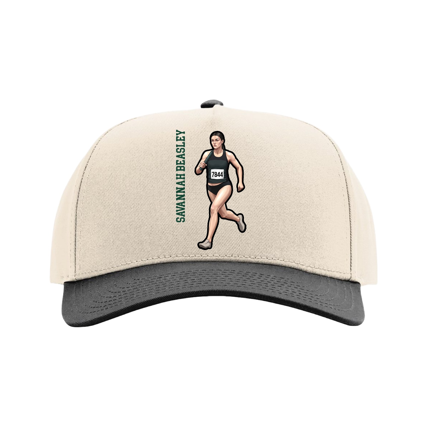 Full Fabric Five-Panel Champ Cap — Name Vertical in Cream/Black