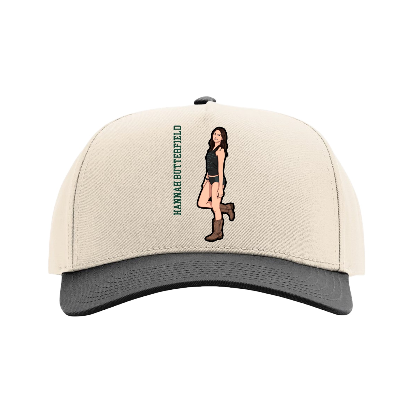 Full Fabric Five-Panel Champ Cap — Name Vertical in Cream/Black
