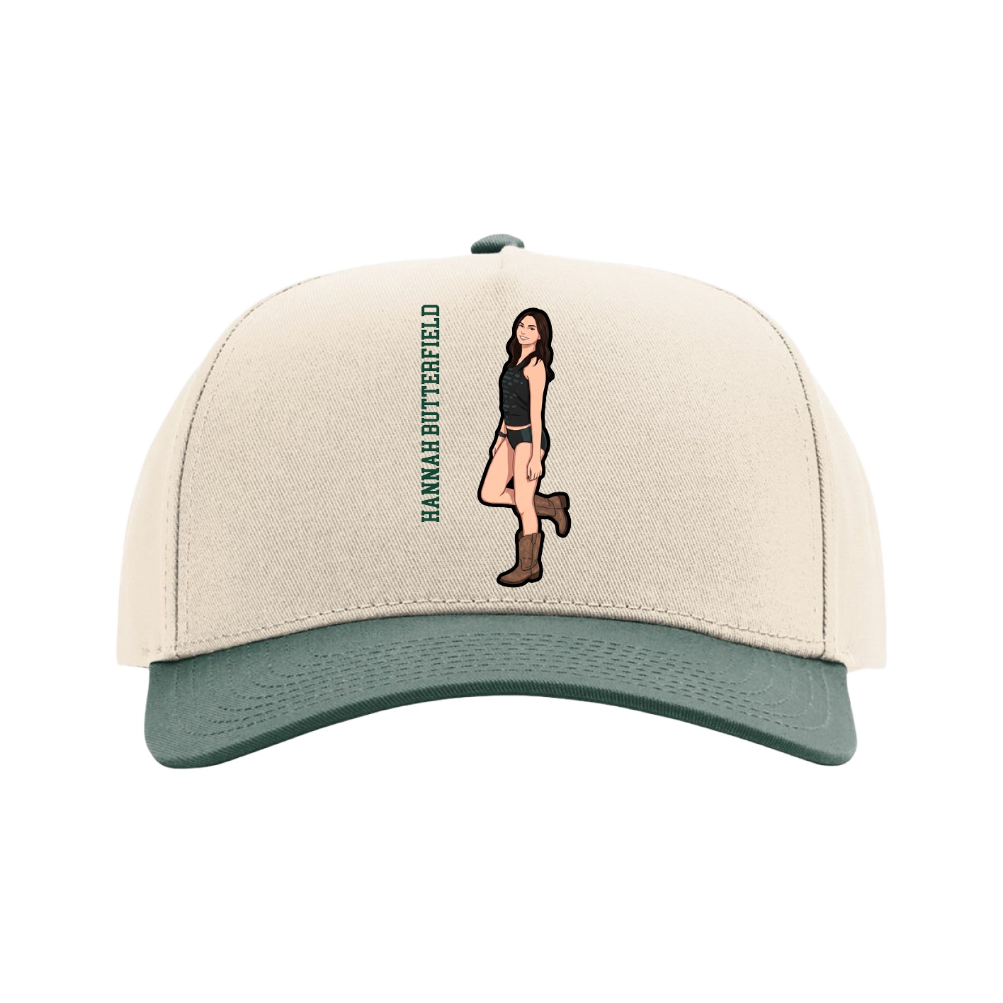 Full Fabric Five-Panel Champ Cap — Name Vertical in Cream/Green