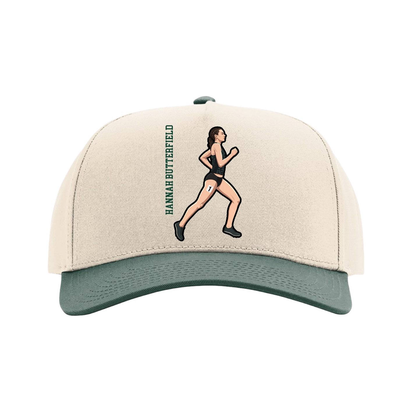 Full Fabric Five-Panel Champ Cap — Name Vertical in Cream/Green