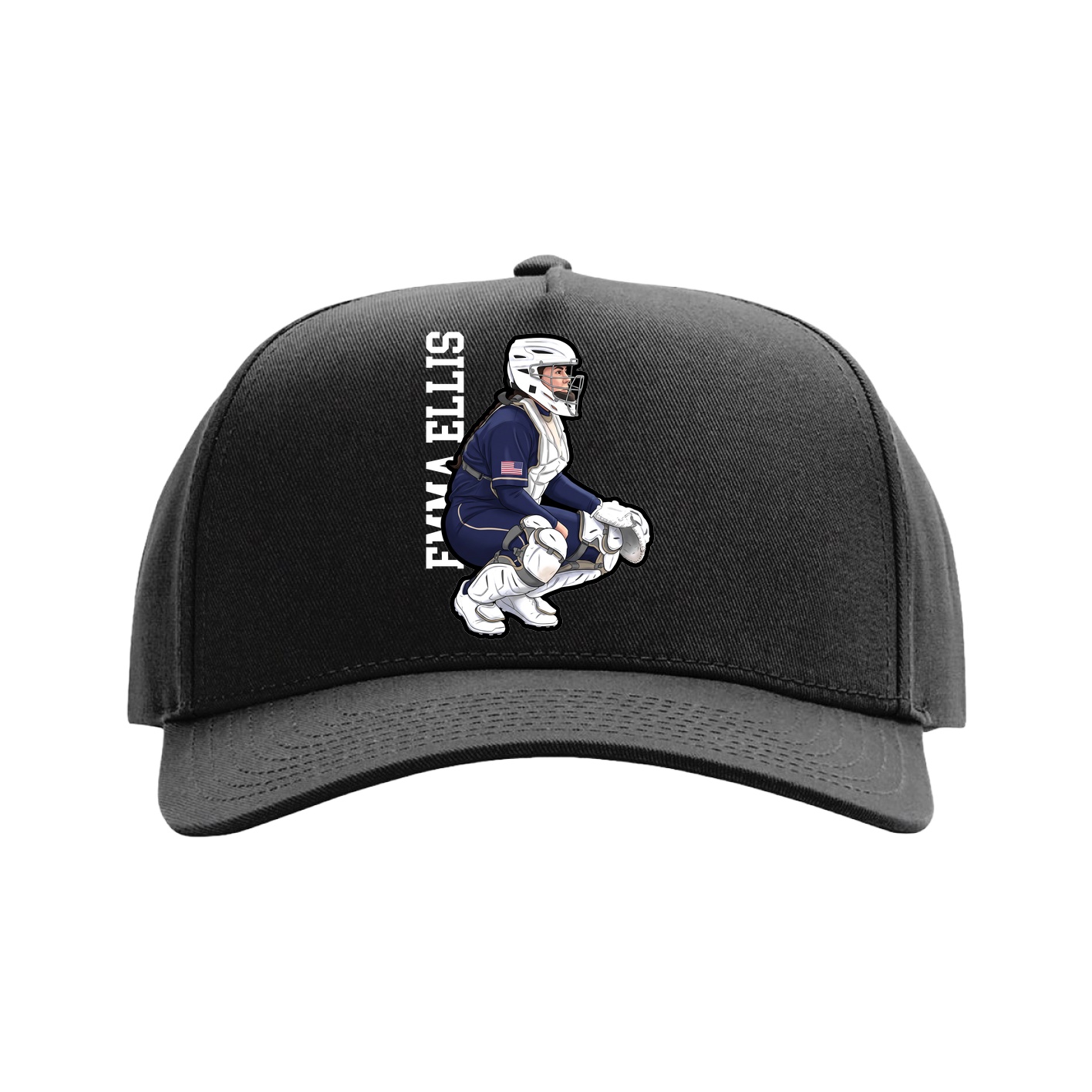Full Fabric Five-Panel Champ Cap — Name Vertical in Black